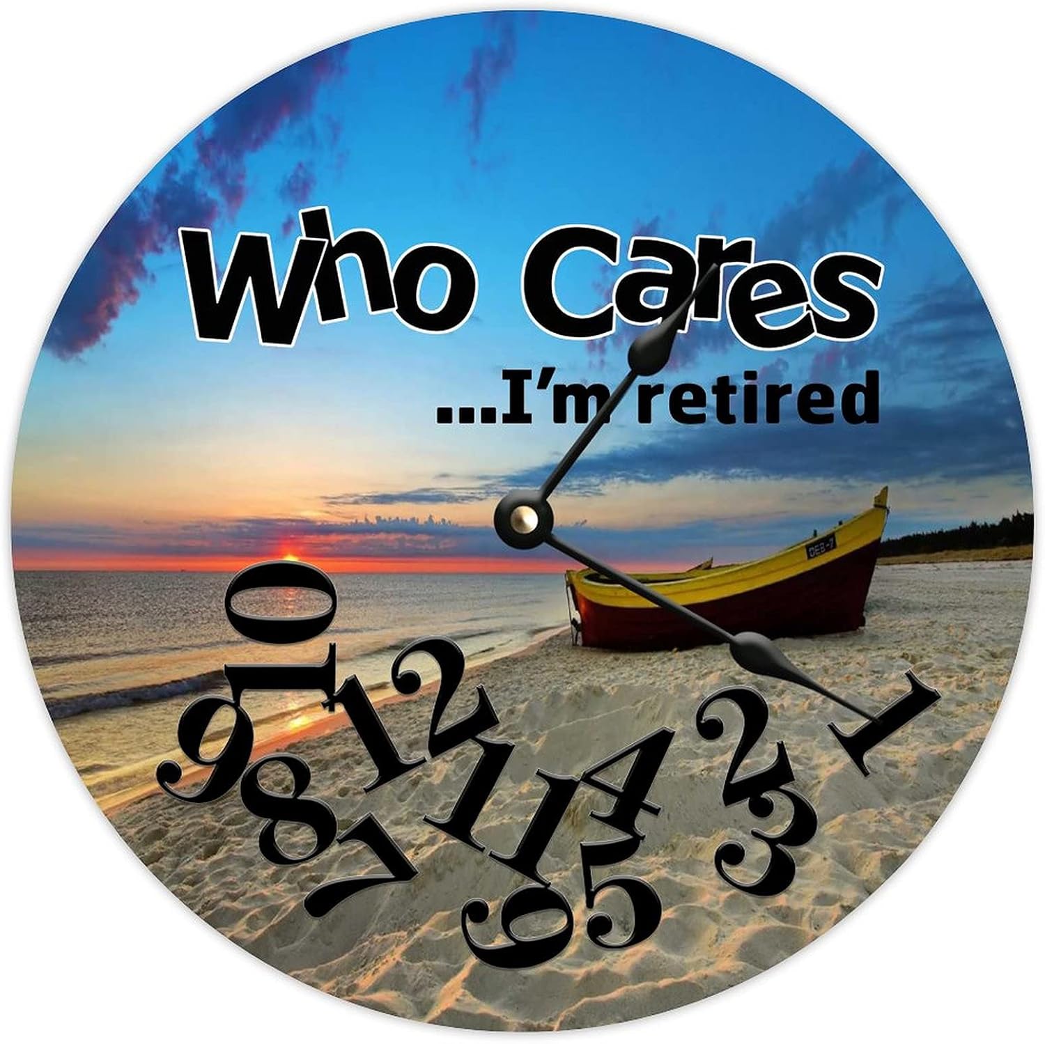 Who Care I'm Retired Round Wooden Wall Clock Beach Sunset Boat Beautiful Scenery Silent Non-Ticking for Living Room Bedroom Office Kitchen Home Decorate Wall Clock 15x15inch