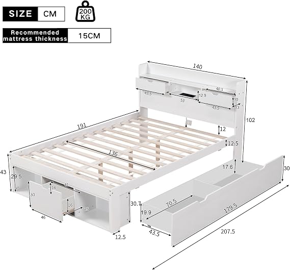 BTM Double Bed with Storage, Double Bed Frame with Drawers, Bookcases and USB Port, Multifunctional Bed with Storage Headboard for Kids, 4ft6-135x190cm, No Mattress