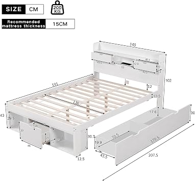 BTM Double Bed with Storage, Double Bed Frame with Drawers, Bookcases and USB Port, Multifunctional Bed with Storage Headboard for Kids, 4ft6-135x190cm, No Mattress