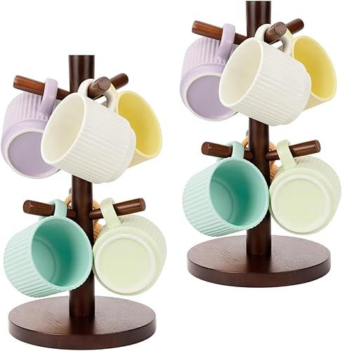 Soporte de madera para tazas, paquete de 2, organizador de tazas de café con 6 ganchos para encimera, accesorios de cafetería, estación organizadora