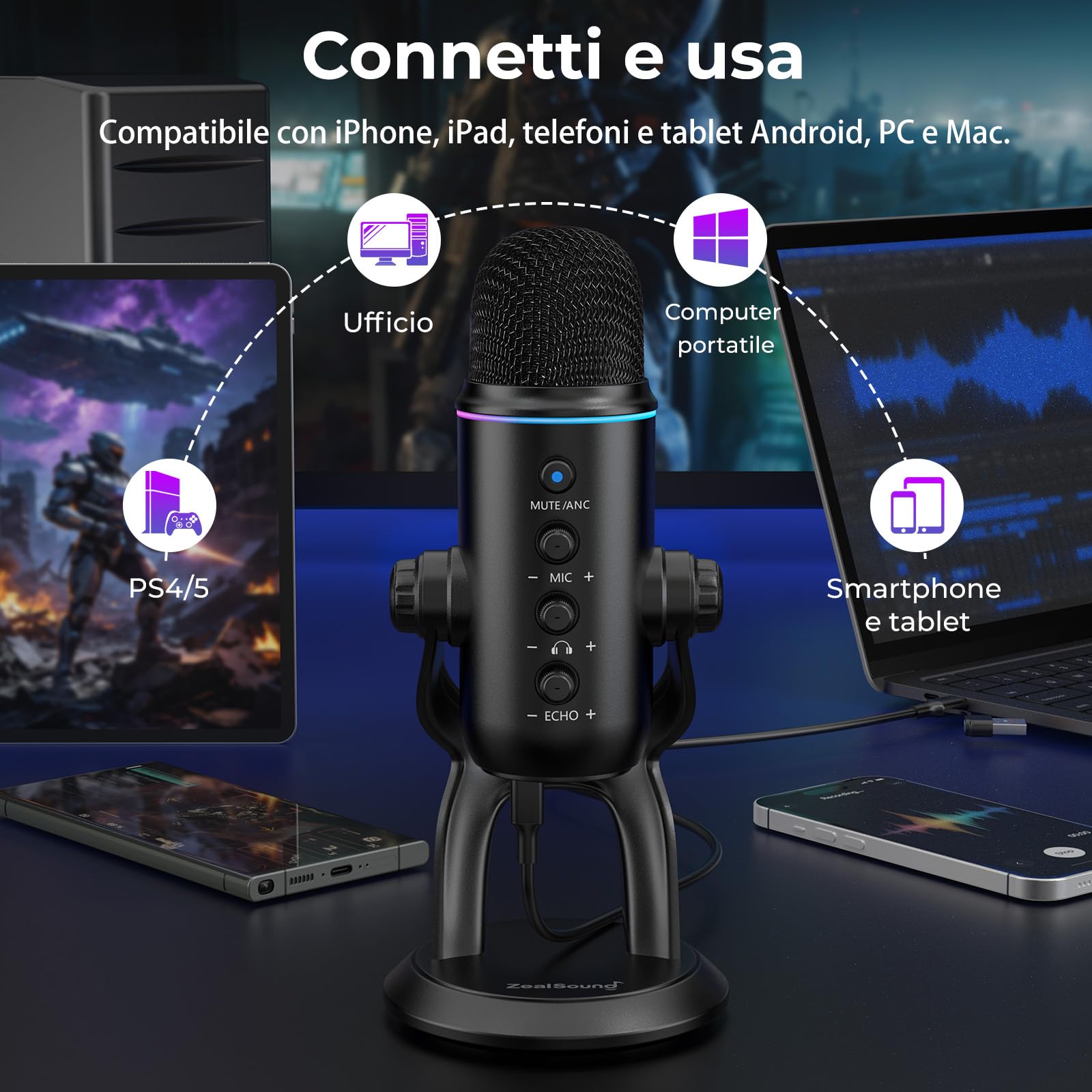 zealsound Microfono USB, microfono per podcast plug & play per PC e telefono, Z5 | con cancellazione del rumore, mute e guadagno, microfono a condensatore da tavolo per streaming, gaming e ASMR