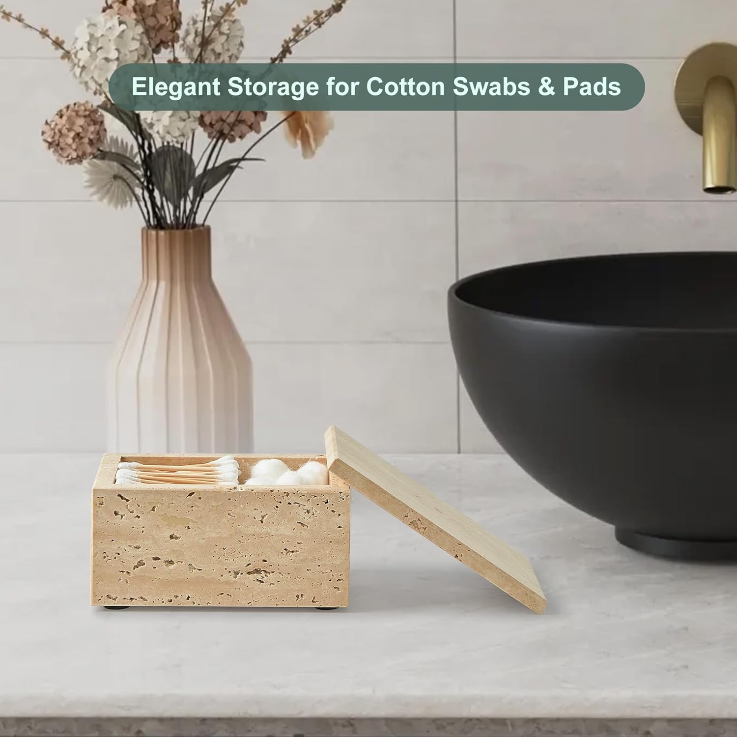 Natural Marble Storage Box with Lid, Rectangular Stone Organizer Box for Jewelry, Cotton Swabs, Makeup, 5.9x3.9x3.1 Inch Luxury Home Decor Travertine Keepsake Box