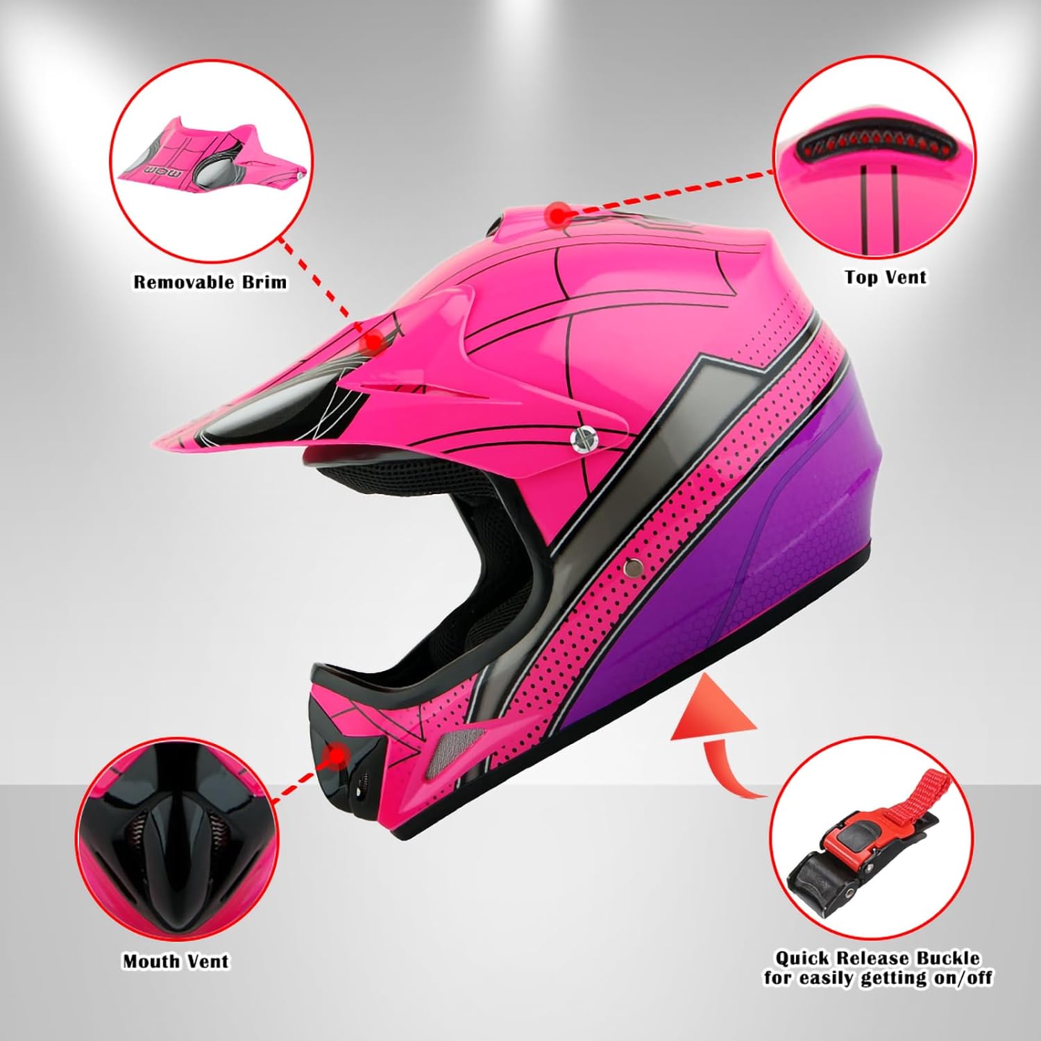 WOW Youth Kids BMX MX Motocross ATV Dirt Bike Helmet Spider Pink
