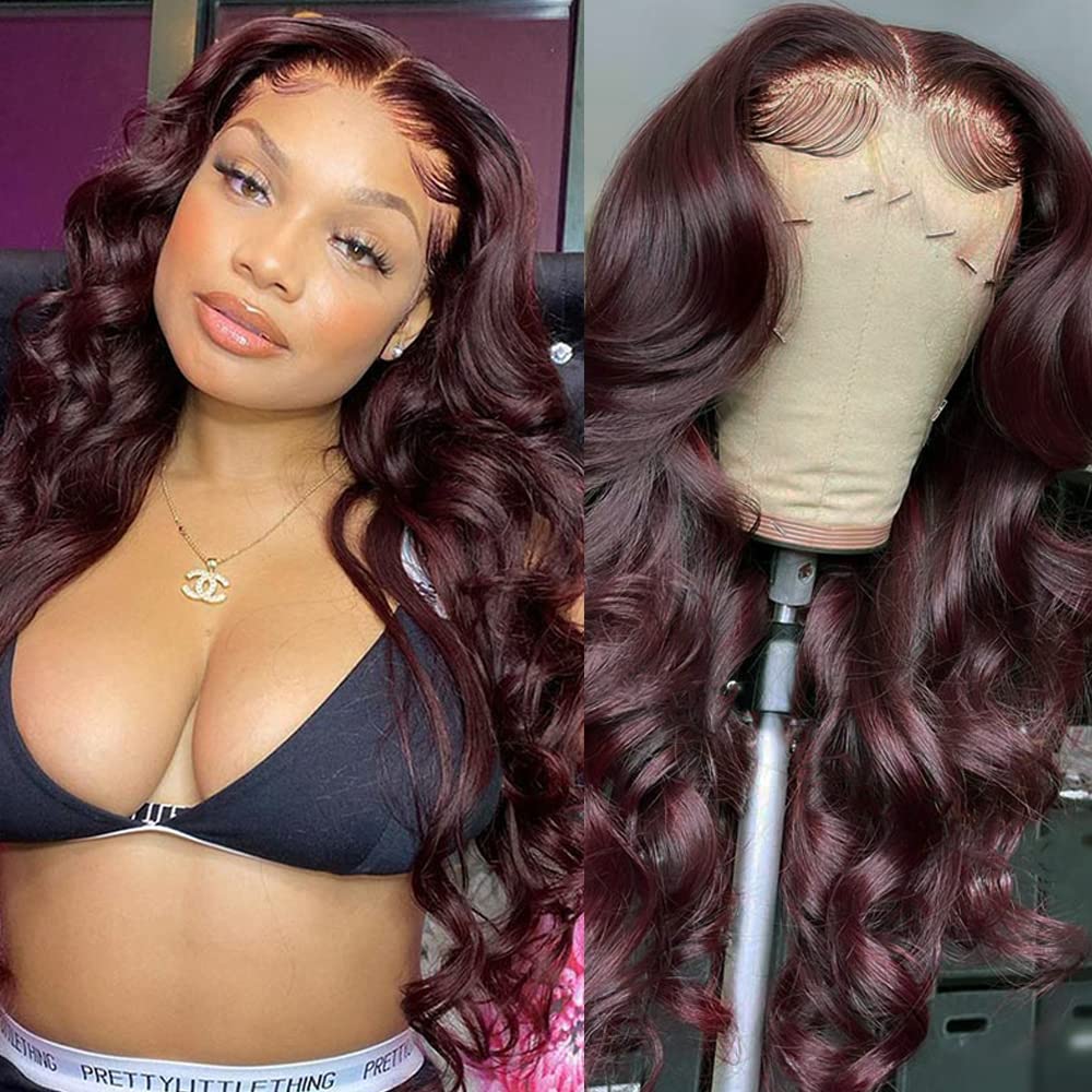 Glueless Body Wave Lace Front Wigs Burgundy Wine Red Long Wavy Synthetic Wigs for Black Women 150% to 180% Density Wigs with Baby Hair Heat Resistant Fiber Hair for Women 24”