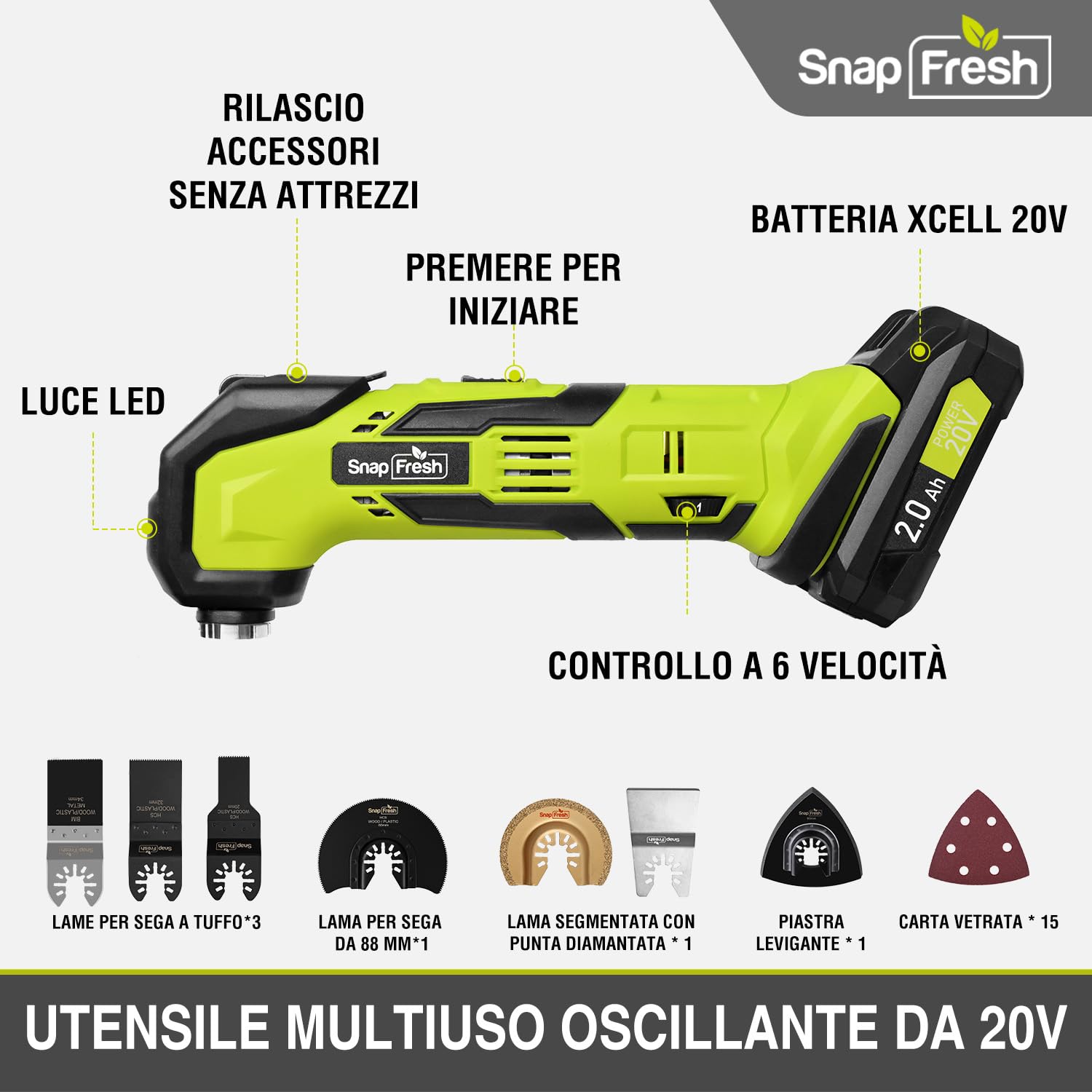 SnapFresh Utensile multifunzione a batteria Strumento oscillante kit senza fili 20V 6 velocità 5000-18000 OPM, angolo di oscillazione di 3,2 °, 22 accessori multitool multi-cutter sega oscillante