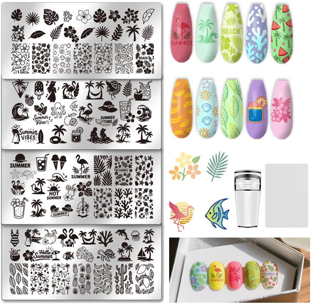 UNICRAFTALE 4 Pieces Nails Stamping Plates Set Summer Beach Hawaii Nail Art Stamp Templates Stainless Steel Nail Stencil Kit with Stamp and Spacer for DIY Home Salon Manicure Design