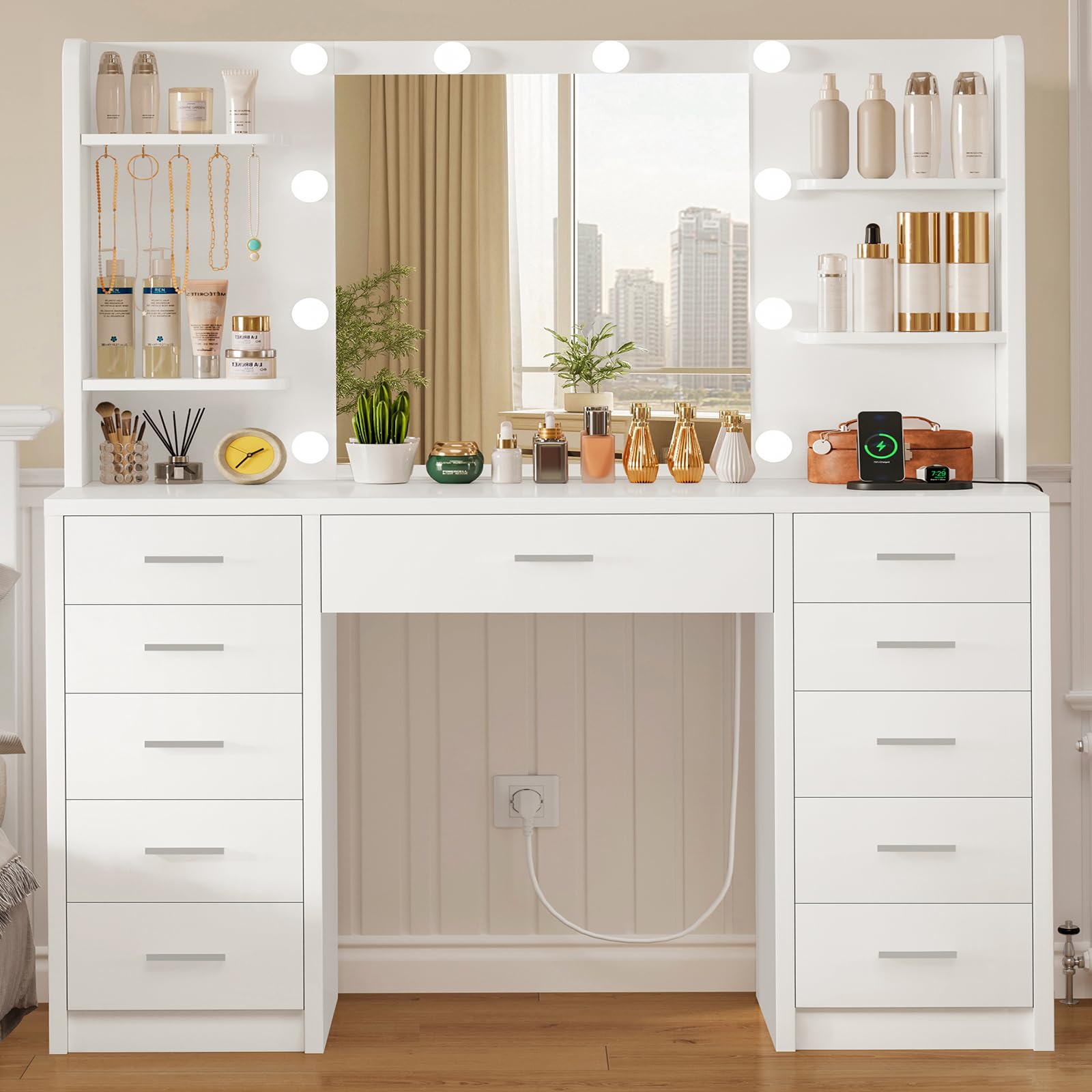 TEENFON Large Dressing Table with LED Lighting and Sockets, Vanity Desk with Mirror, 11 Drawers, 4 Storage Shelves and 5 Jewellery Hooks, Vanity for Bedroom, White