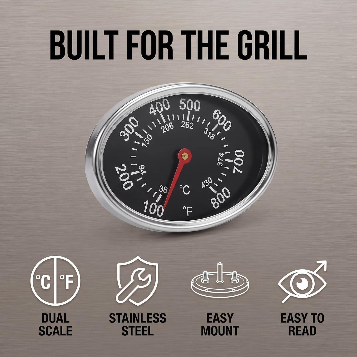 Deckelthermometer Temperaturmessgerät Ersatz für Nexgrill, Grill Master 720-0697, Charmglow 720-0234, Aussie, Brinkman, Members Mark, Oval Edelstahl Wärmeanzeige