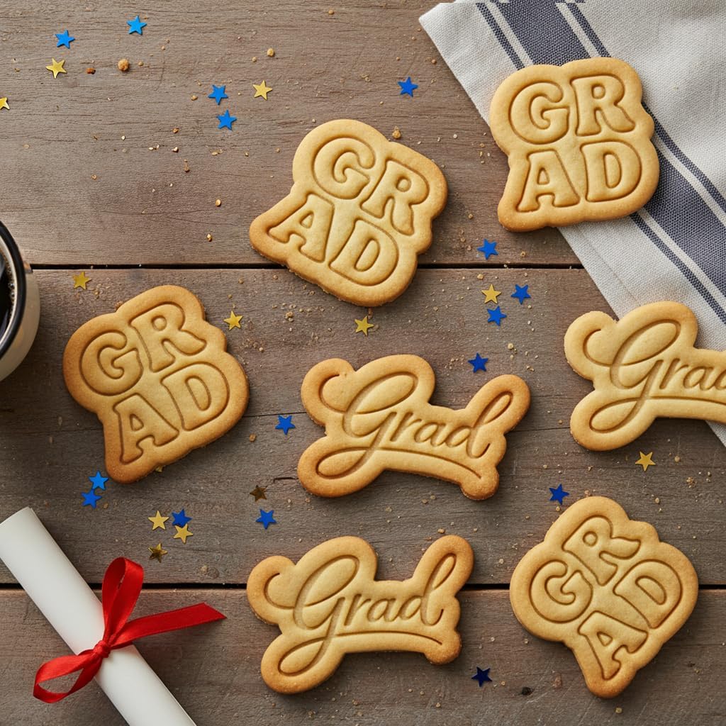 BAKERLOGY Set of 2 Grad in Cursive and Block Letters Cookie Cutters – Graduation Fondant Cutter for School, College & University Graduate Celebration Baking, Biscuit Dough Decoration Tool