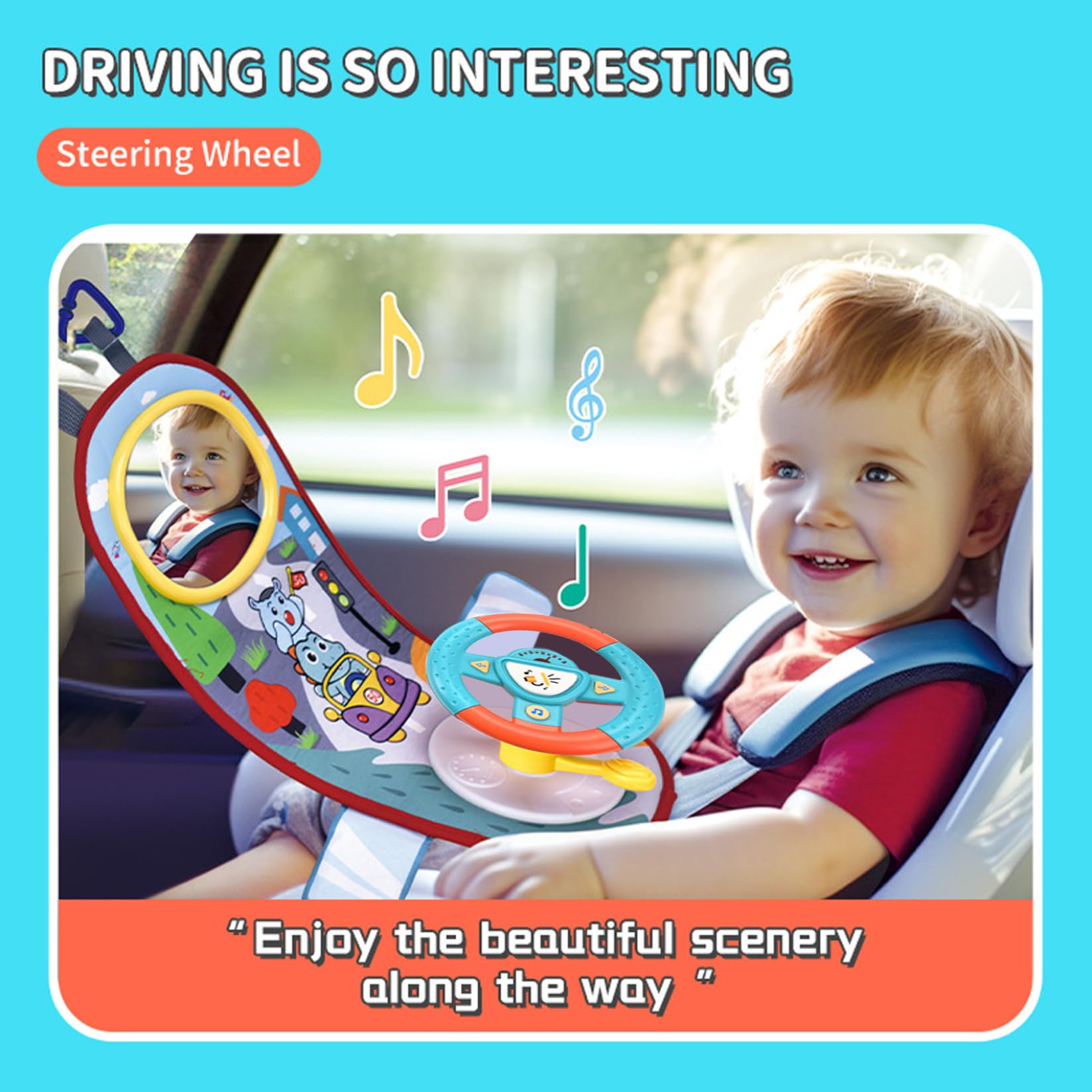 Giocattolo per seggiolino auto rivolto all'indietro, Volante per bambini con rotazione a 360° con specchio, musica, luci e suoni di guida, Volante per bambini da 12 mesi in su per sedile posteriore d