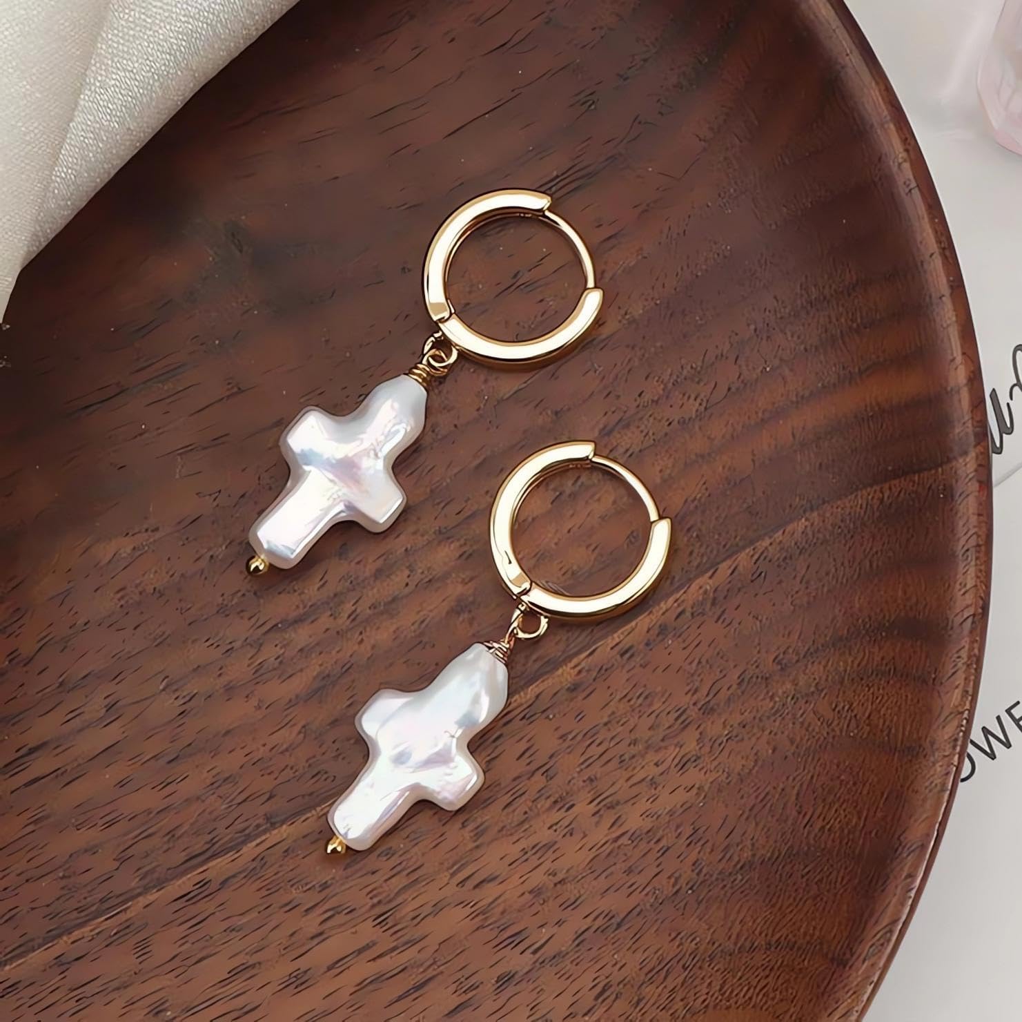 Pearl Cross Earrings for Women Natural Freshwater Pearls White Baroque Pearl Dangle Drop Dainty Gold Hoop Earrings Summer Beachy Jewelry Gifts for Christian Unique Jewelry