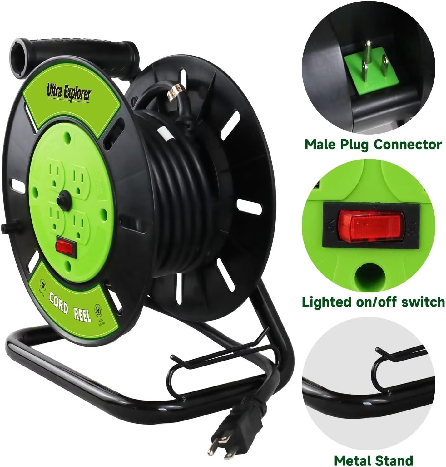 Extension Cord Storage Reel with 4-Grounded Outlets, Heavy Duty Open Cord Reel for 12/3 14/3 16/3 Power Cords, Portable Empty Hand Crank Electric Cord Roller Holder, Green