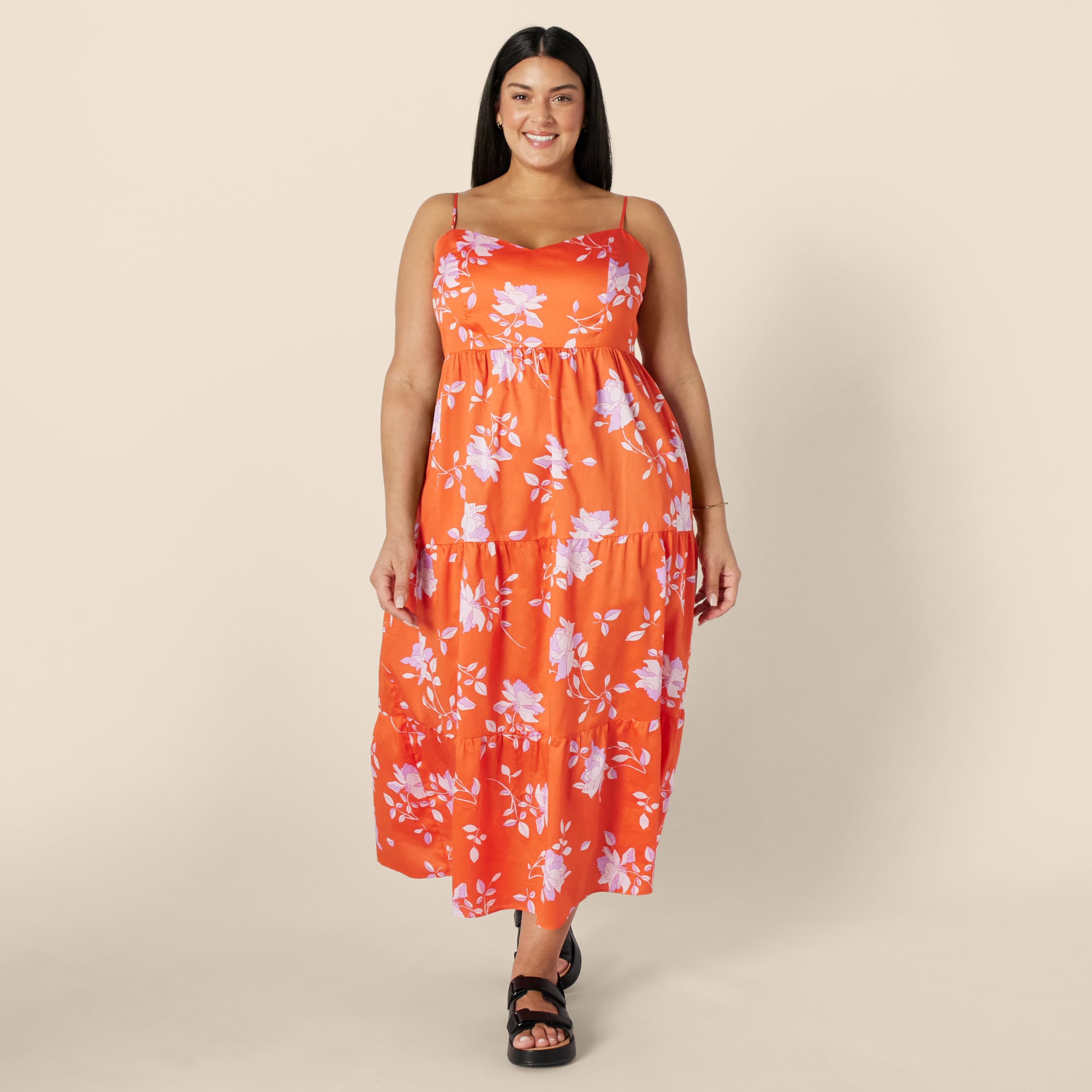 Amazon Essentials Robe Longue Évasée en Satin de Coton Taille Empire Décolleté Cœur Jupe à Volants Étagés Femme