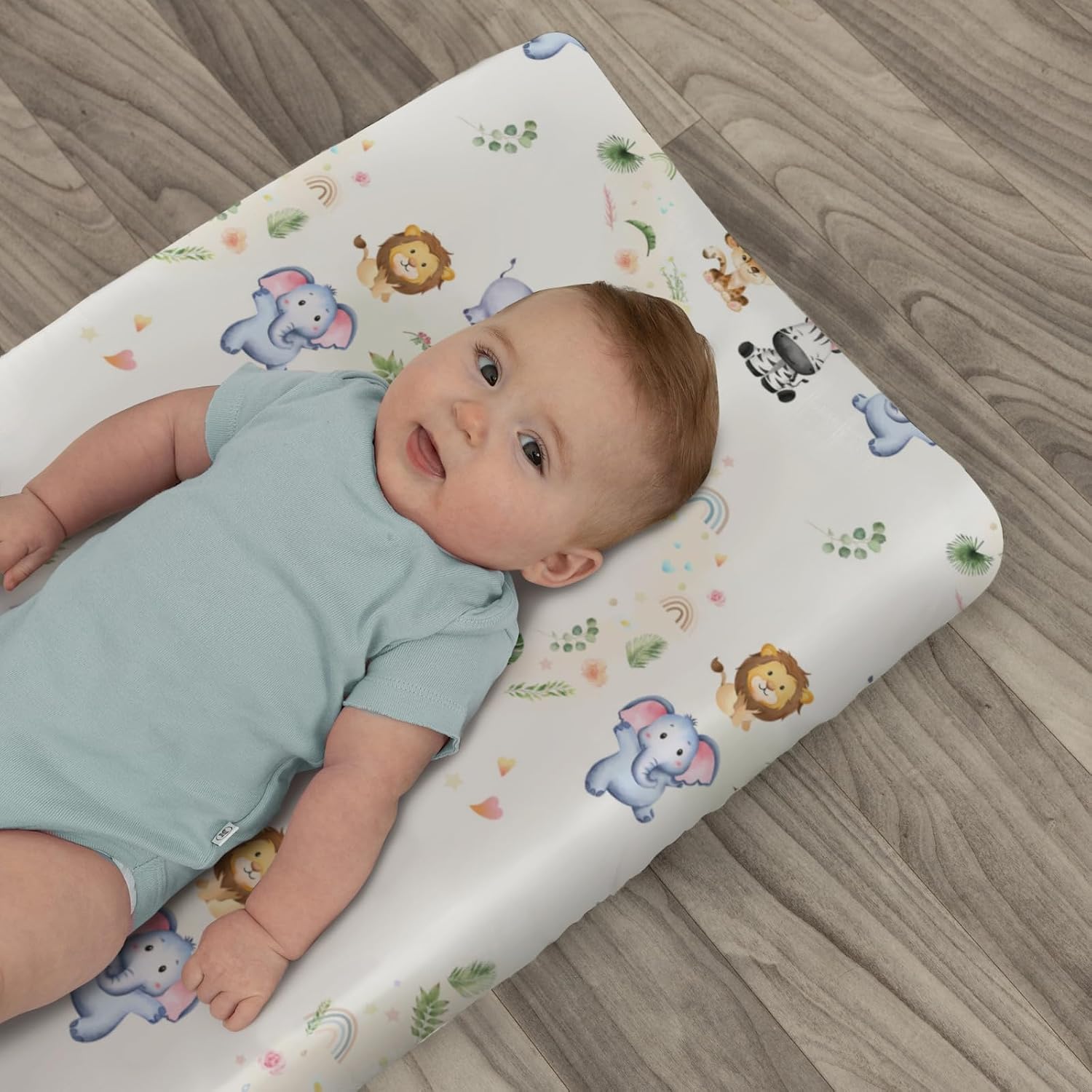 Safari Animals Tropical Leaves Flowers Changing Pad Covers for Baby Girls Boys Zoo Jungle Rainbow Fitted Changing Table Mats Lion Giraffe Elephant Hippo Soft Diaper Change Table Sheets 32''×16''