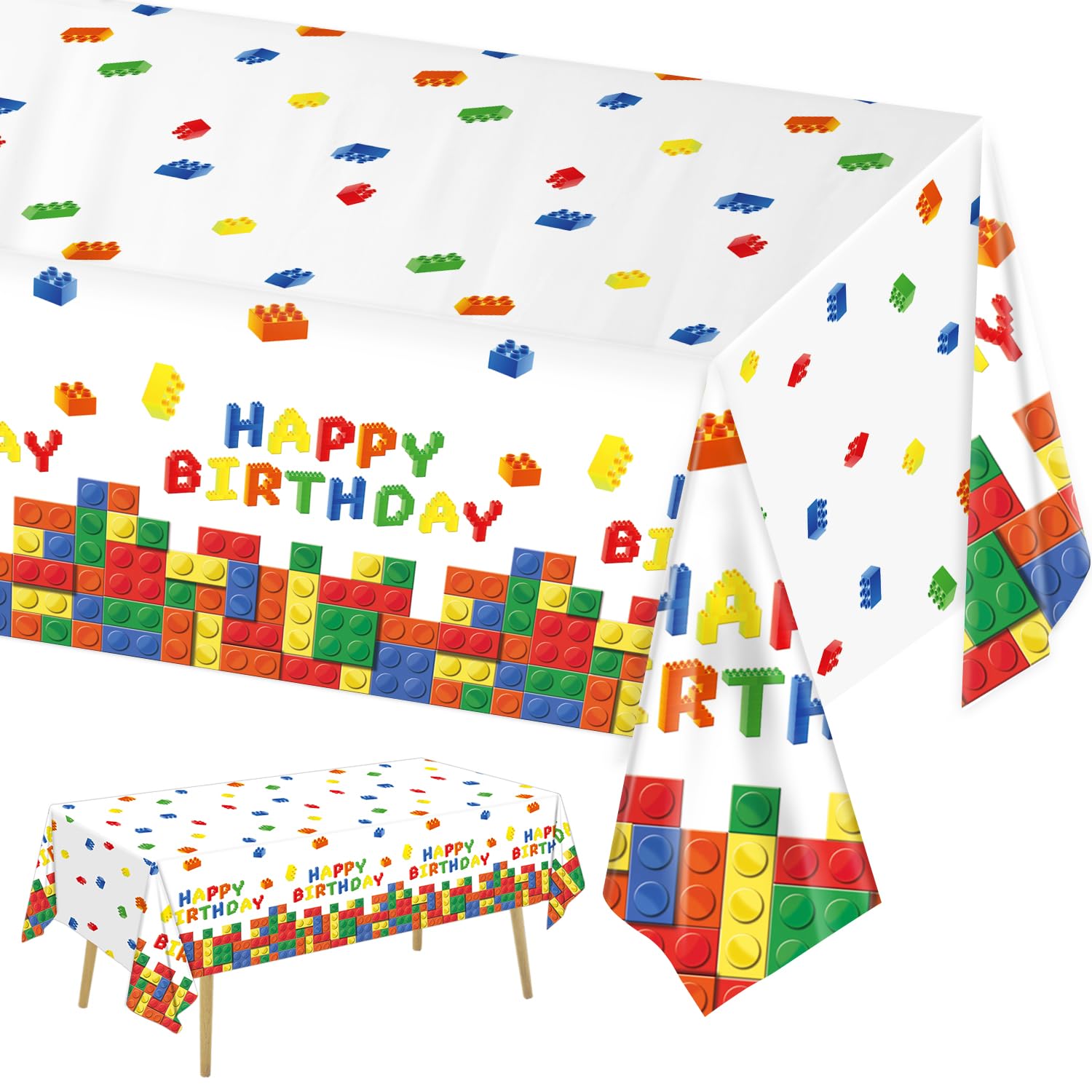 LINHAXM 3 Pack Building Block Party Tablecloth Building Block Disposable Plastic Table Cover for Blocks Birthday Party Supplies, 54 x 108 Inch