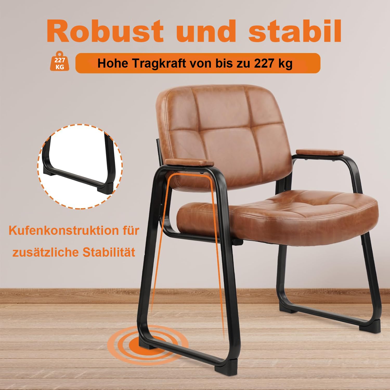 CLATINA mit gepolsterten Armlehnen, Leder, stationärer Schlittenfuß, Keine Räder Big & Tall Wartezimmerstühle, Büro, Gästestuhl für Empfang, Lobby, Zuhause, Meeting, Konferenzen, Braun, 2er-Set