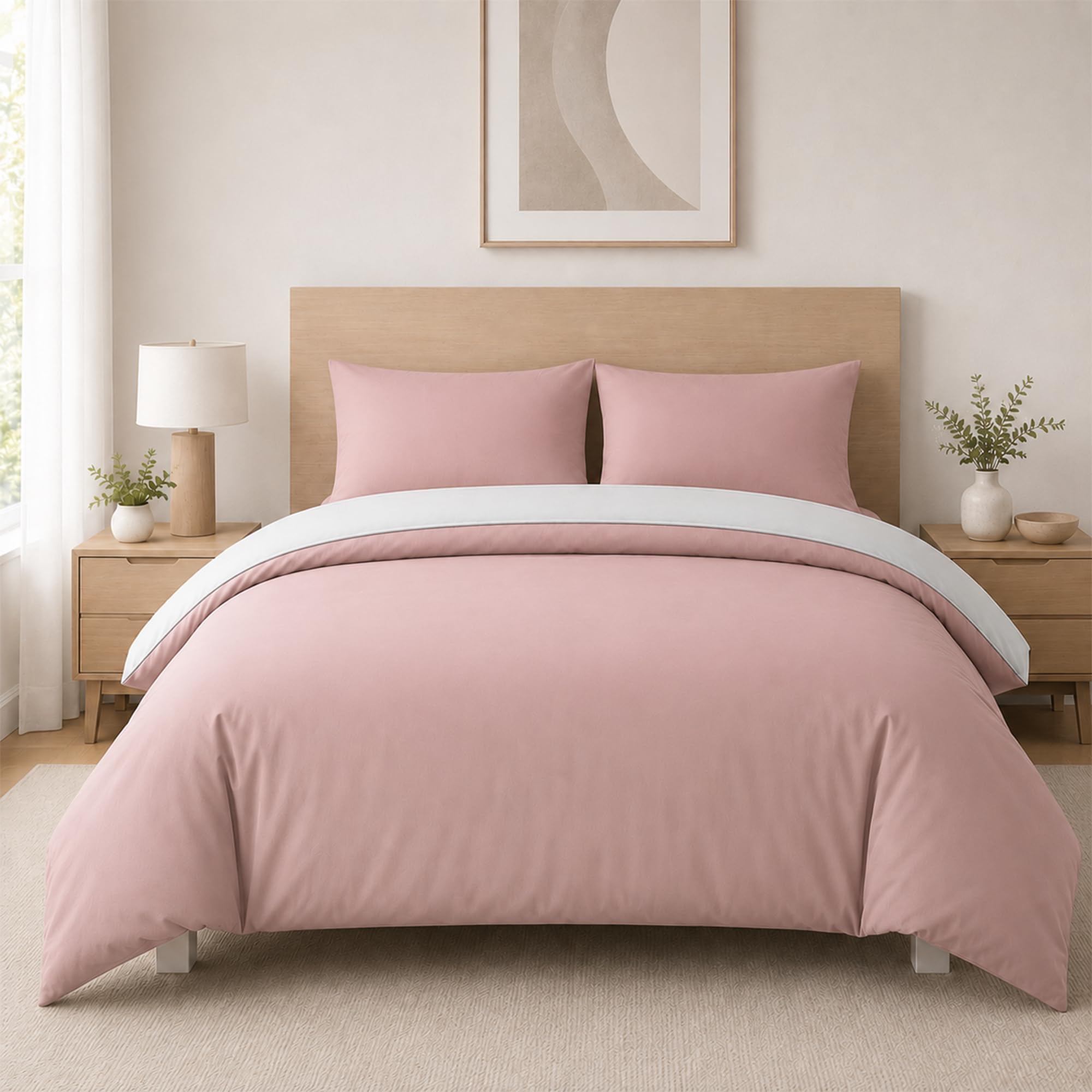 K&A Reversible Duvet Cover Set, Pink & Silver, Single Brushed Microfibre Bedding Set with Fitted Sheet and Pillowcases, 135 x 200 cm, Soft Easy Care Machine Washable
