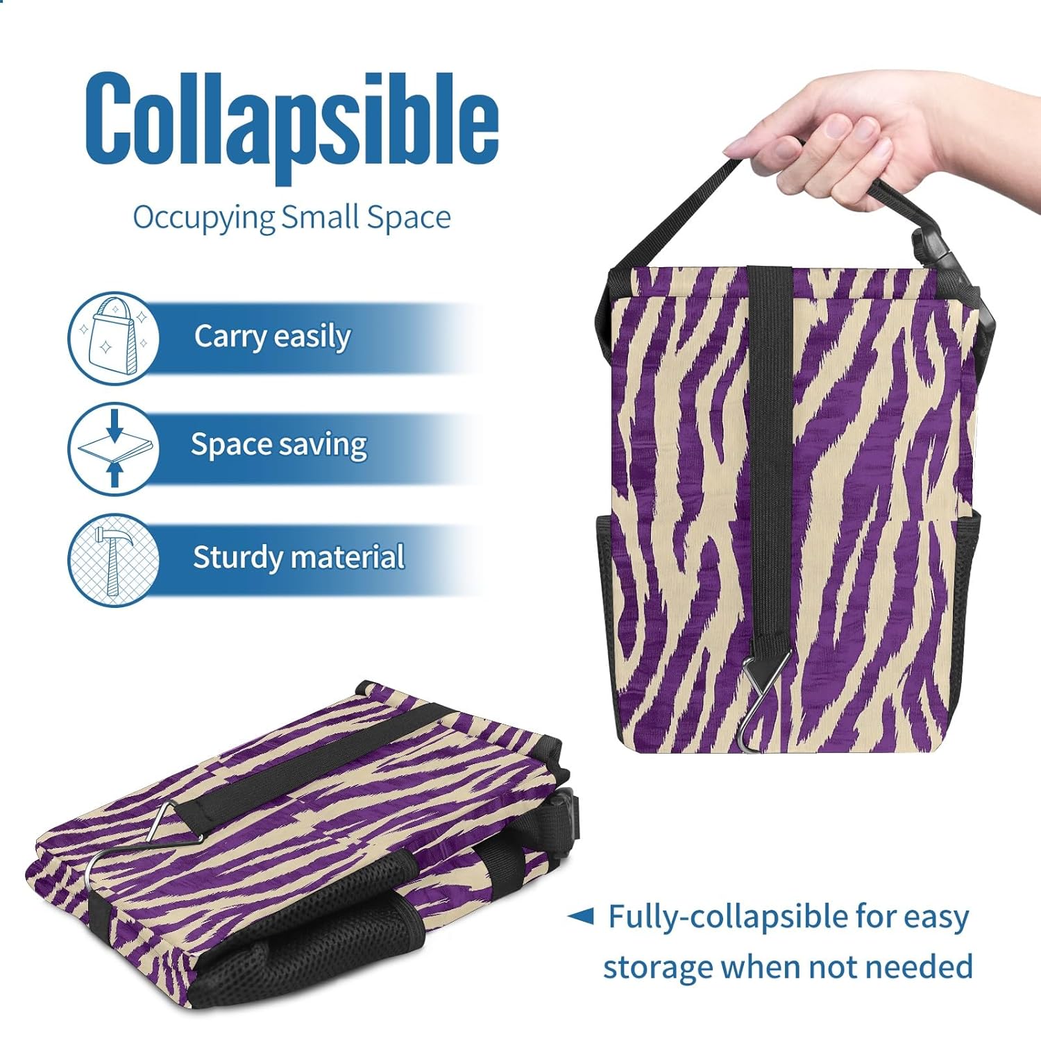 Car Trash Bin with Lid Auto Garbage Bag Hanging for Back Seat - Leakproof Trash Can for Cars SUVs Trucks Vehicle Car Accessories (Purple Tiger Stripes Print)