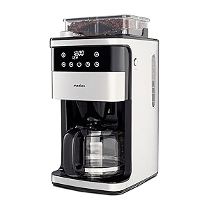 MEDION Cafetera eléctrica de con molinillo y jarra de cristal (1,5 l, máx. 12 tazas, 8 niveles de molienda, máx. 1050 W, temporizador de 24 horas, pantalla de led, antigoteo, filtro permanente