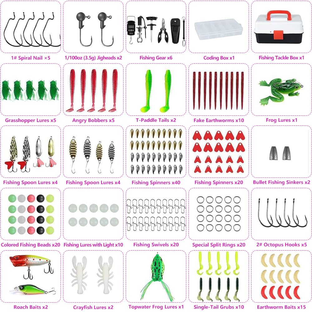 Angelzubehör Set, Angelkoffer mit Zubehör, 218 PCS Angel Köder Set mit Haken, Angelköder, Angelausrüstung, Angelköder Set, Angelset Komplett Anfänger, Angelköder für Barsch, Bluegill, Crappie