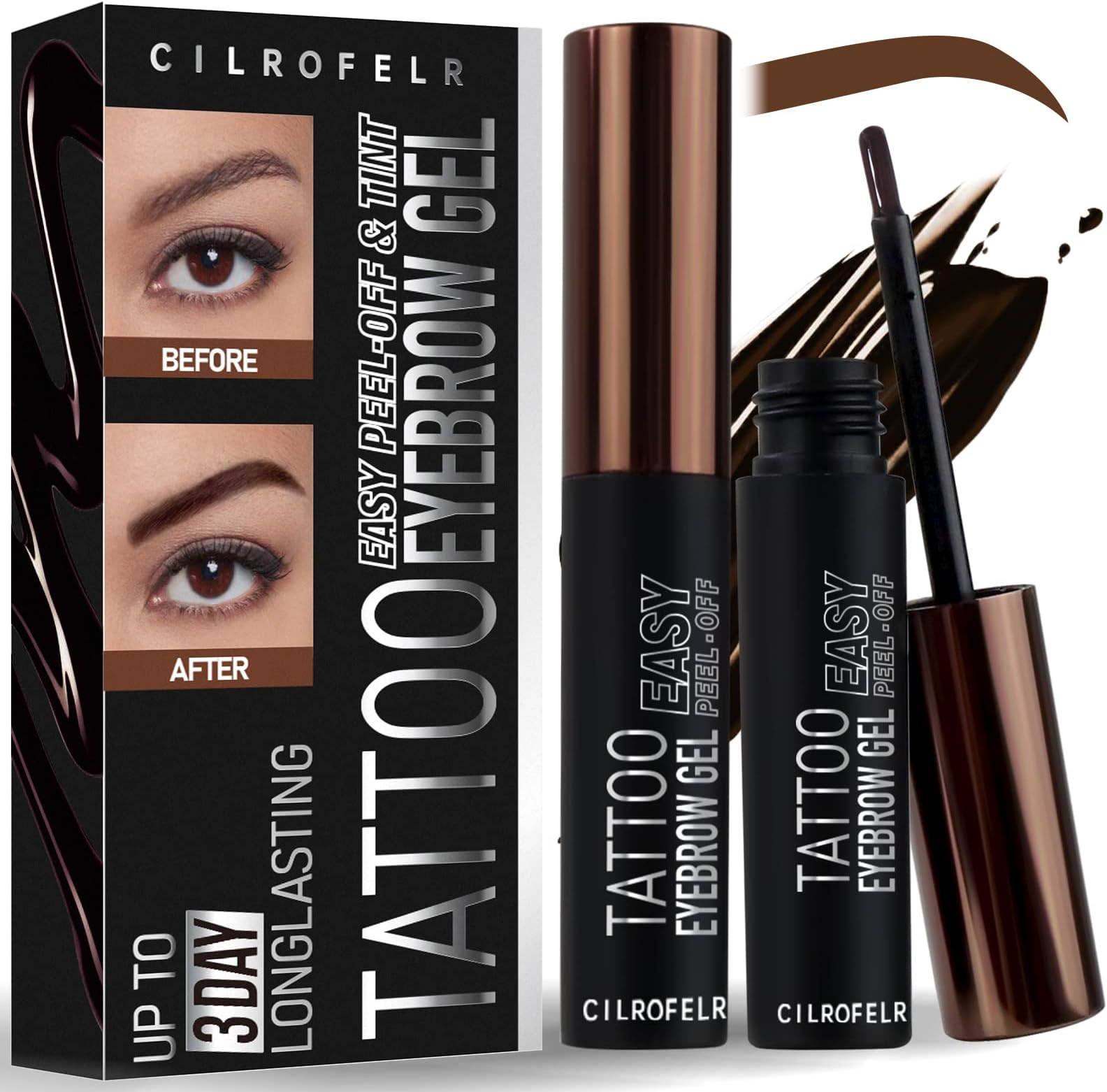 Cilrofelr Tattoo Peel Off Eyebrow Gel, Easy Tattoo Brow Peel Off Gel, Last Up to 3 Days, Waterproof, Transfer-proof, For Fuller & Defined Looking Brows, Brown (2 Pack)