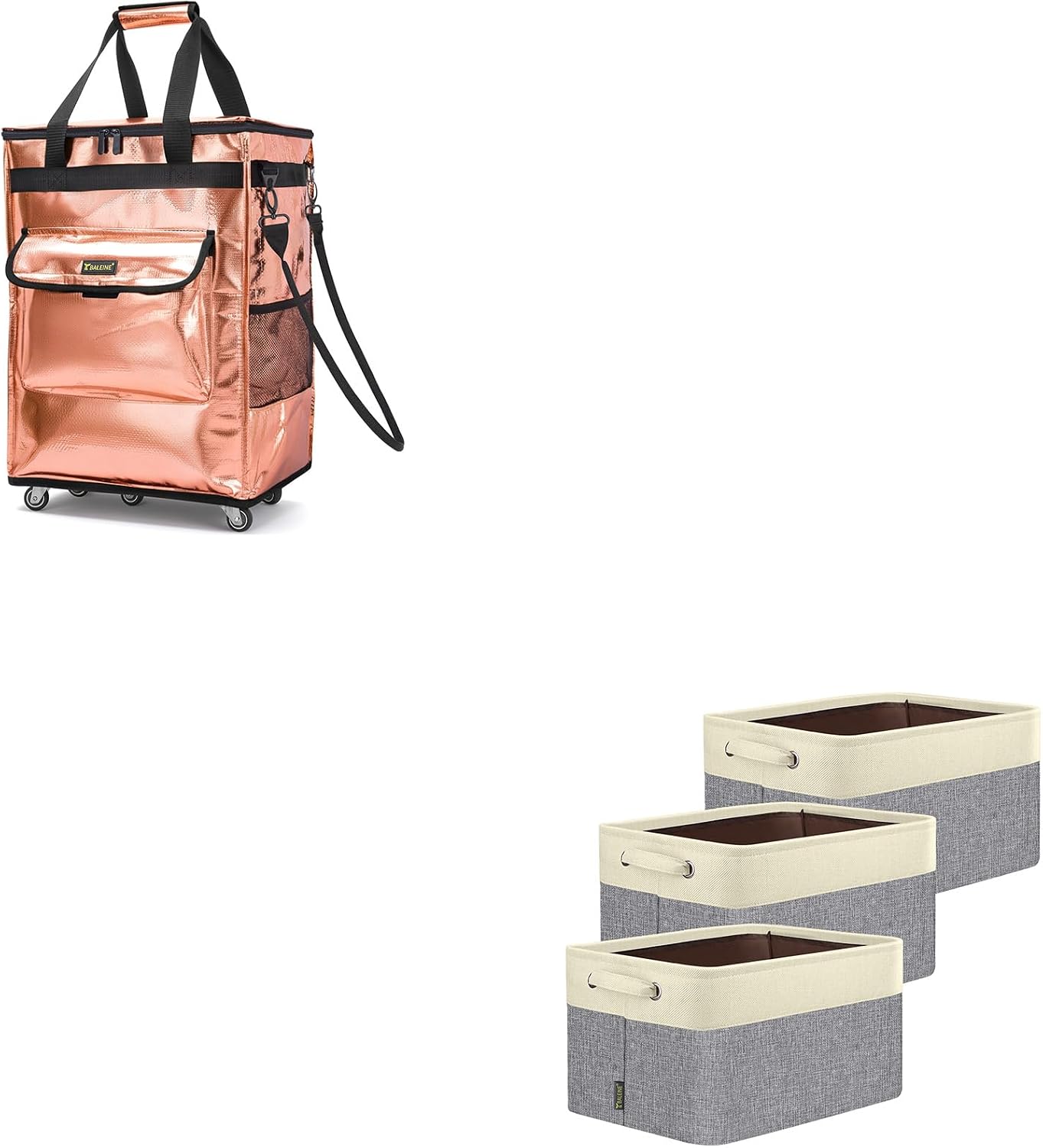 BALEINE 3 Pack Fabric Storage Bins for Shelves (15"×11"×9.5") & Reusable Grocery Bags on Wheels (20"×16"×26")
