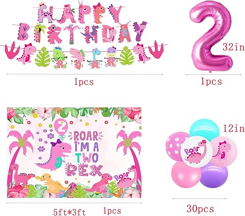 Miniatura 2 de Dos decoraciones de fiesta de cumpleaños Rex para niña, suministros de fiesta de 2º cumpleaños de dinosaurio rosa, suministros de fiesta de
