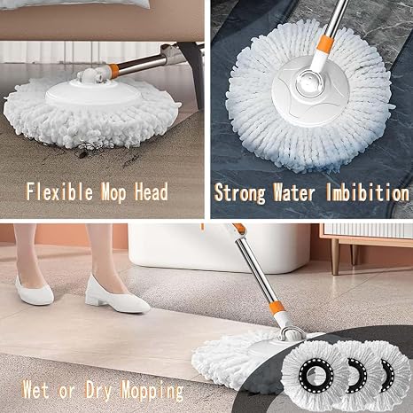3 Pack Mop Heads Replacement, 360° Spin Mop Heads Standard Mop Head, Universal Spin Mop Heads Replacement, Spin Mop Replacement Mop Heads Commercial and Home Use (Round Mop Head)