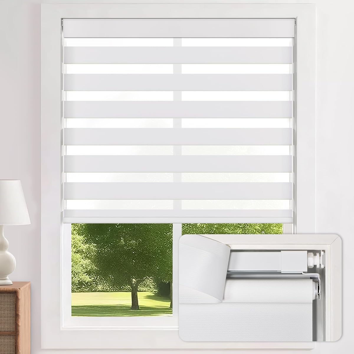 LazBlinds No Drill Zebra Blinds for Windows 34" W x 64" H, White | Cordless Dual Layer Light Filtering & Blackout Roller Shades, Free Stop-Lift, Easy Install Day & Night Privacy with Valance
