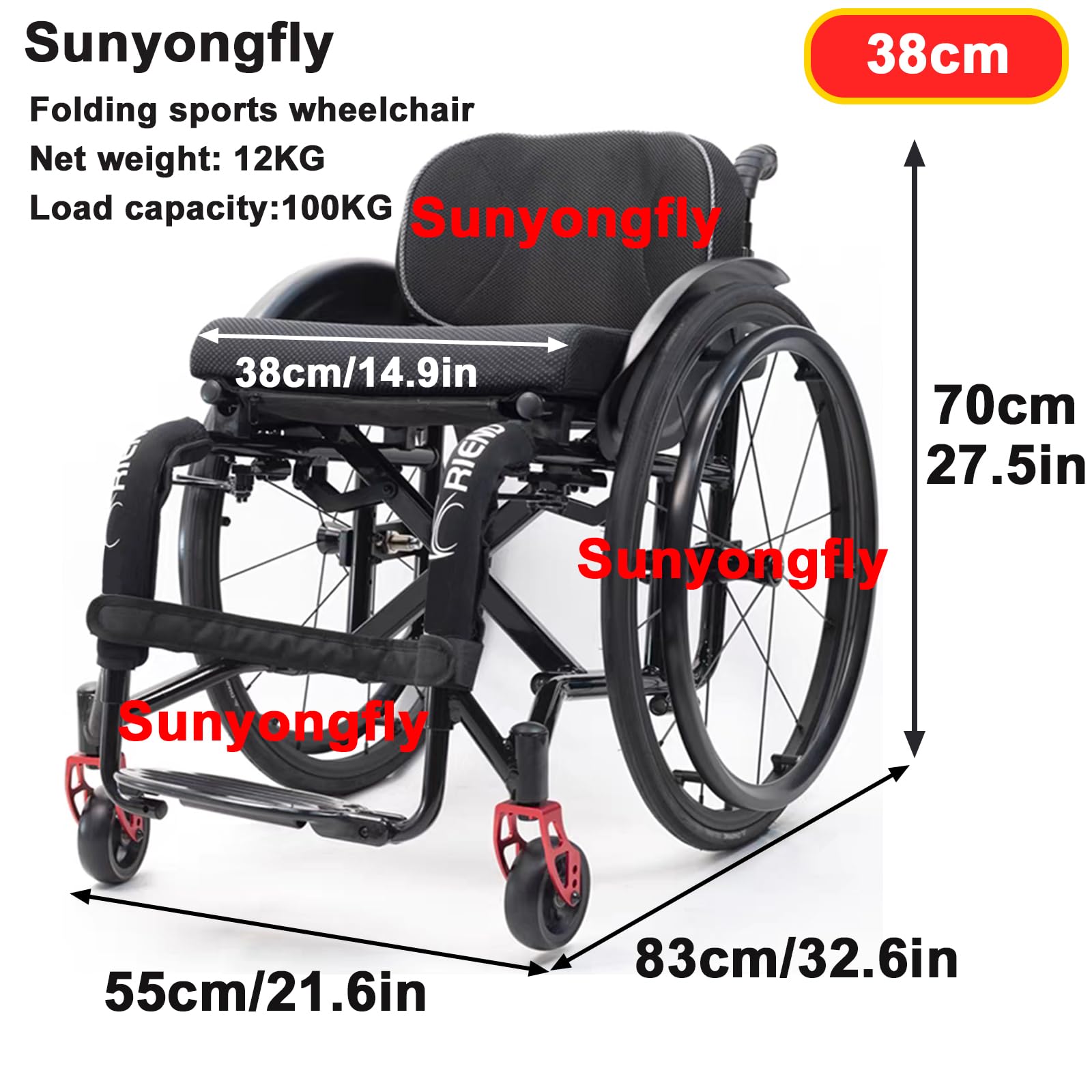 Silla de Ruedas Ligera y Duradera,Silla de Ruedas Deportiva Plegable,Silla de Ruedas de Aluminio,Adecuada para Adultos, Adolescentes y Personas Mayores(Seat Width 38cm,Black)