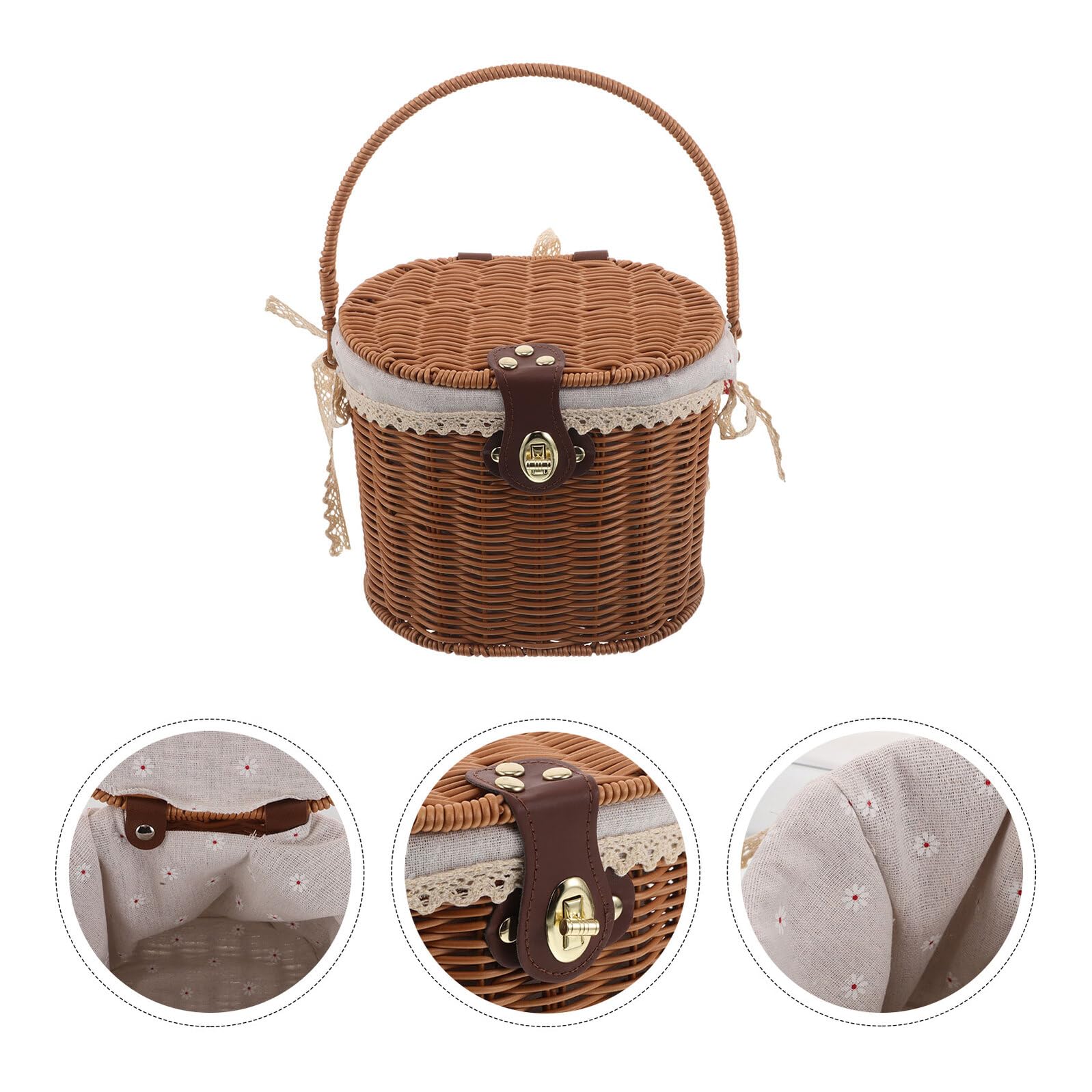 PRETYZOOM Cesta Tejida a Mano Pequeña con Tapa y Asas Forro de Tela Interior Cesta Decorativa Multiusos para Almacenamiento y Picnic y Cocina Estilo Rústico Natural