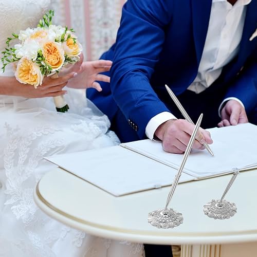 Miniatura 2 de jiebor Juego de 2 soportes plateados para bolígrafos de boda y bolígrafo de metal, bolígrafo de escritorio de firma para libro de invitados, novia,