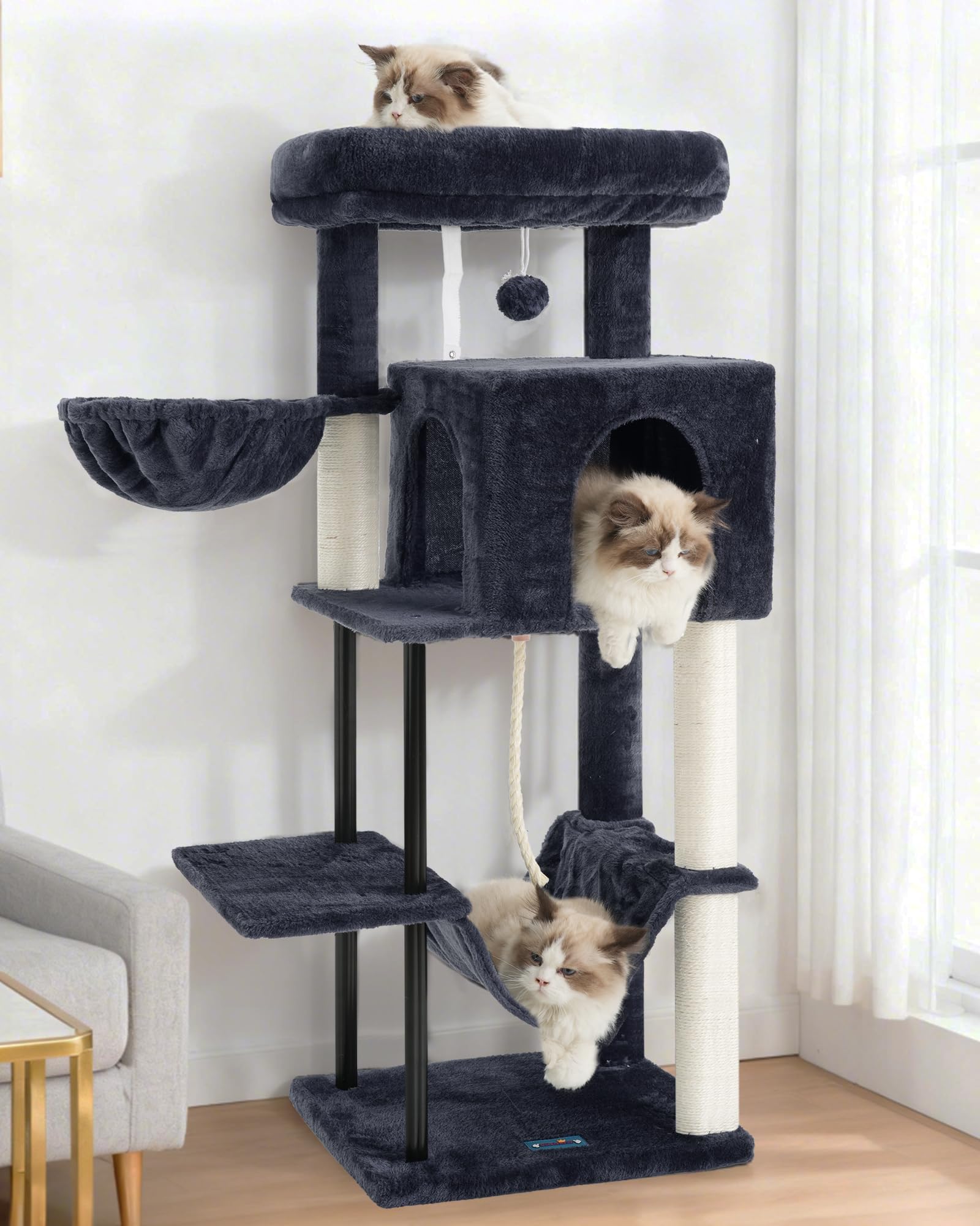 Gitelsnour Rascador para Gatos, Árbol para Gatos de Interior de 110 cm con Tubo de Acero Resistente, Hamaca, Rascadores, Gris Ahumado GCT004SG-2