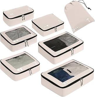 ECOHUBPacking Cubes Suitcase 7 PCS Travel Organiser Packing Bags Recycled PET Eco Friendly Travel Accessories Shoes Bags Travel Storage Bag Luggage Organiser Bags Travel Pouch(Beige) (ECO7001BE)