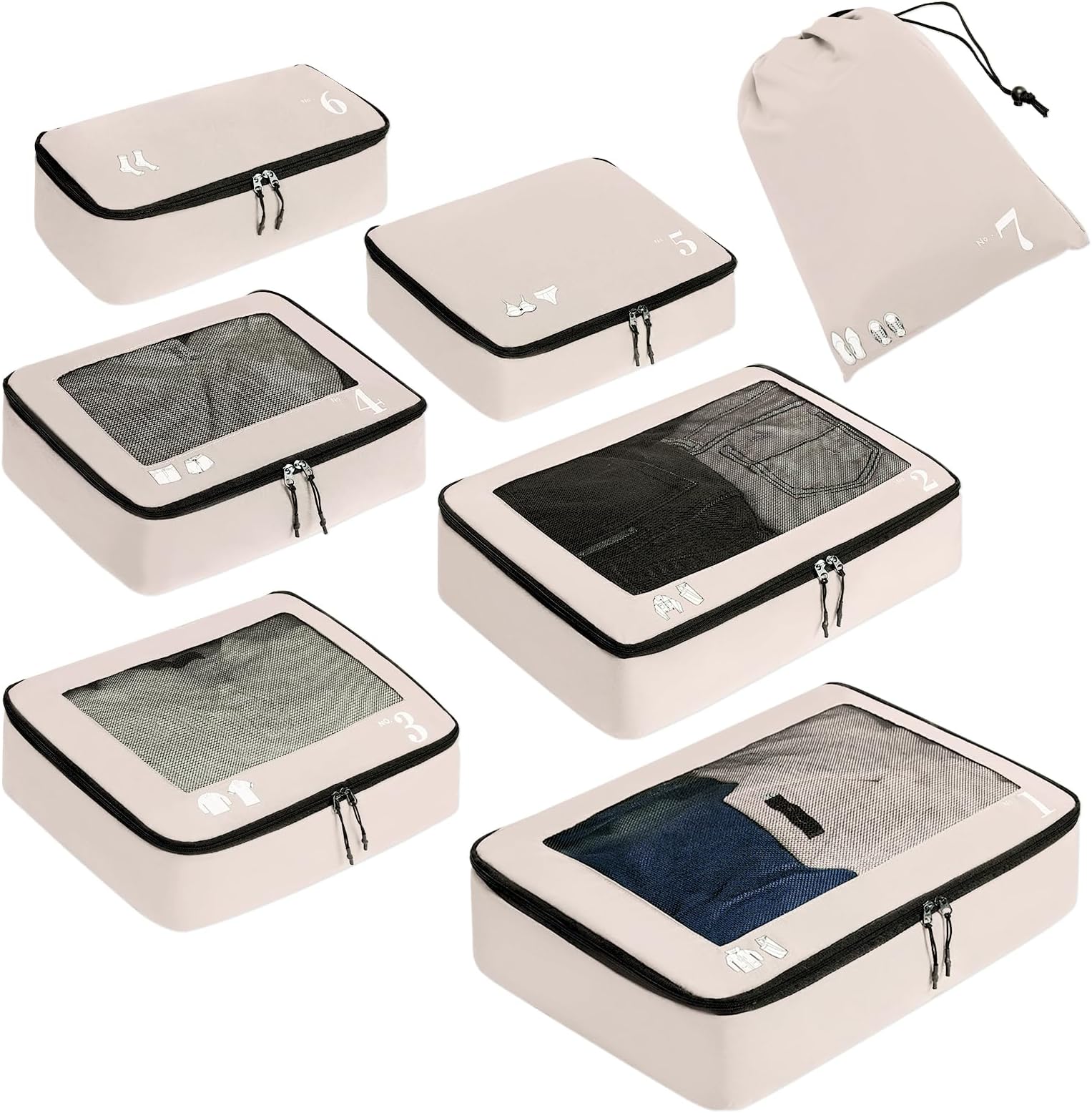 ECOHUB Packing Cubes 7 PCS Suitcase Organiser - Recycled PET Eco-Friendly Travel Accessories With Shoes Bags, Storage Bag, Luggage Organiser, and Pouch (Beige)