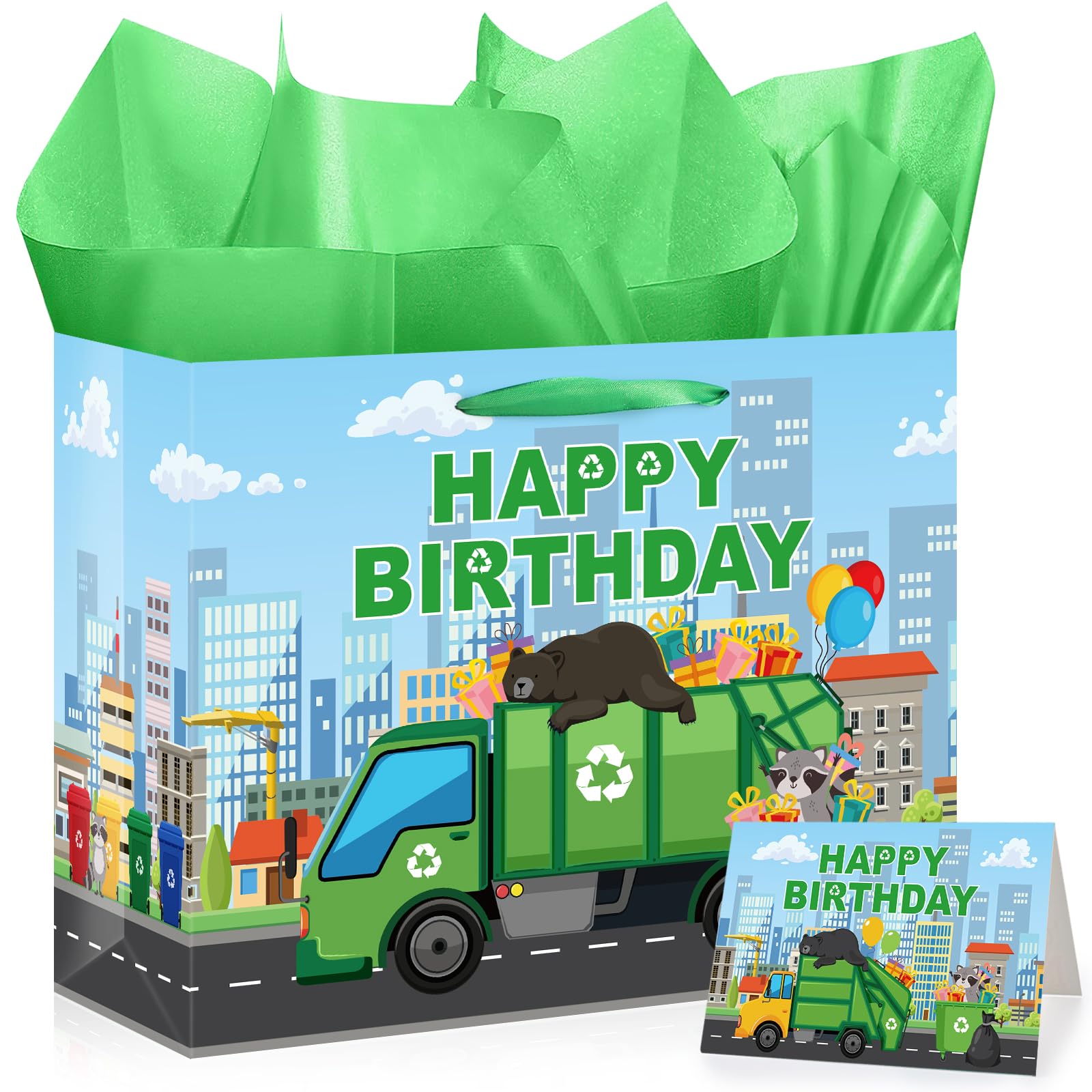 TAKEALOOKO Trash Truck Birthday Decorations Gift Bag - Garbage Trucks Themed Giftbag with Greeting Card and Tissue Paper, Rubbish Car Party Favors Bags for Kids Birthday Party, Baby Shower Supplies