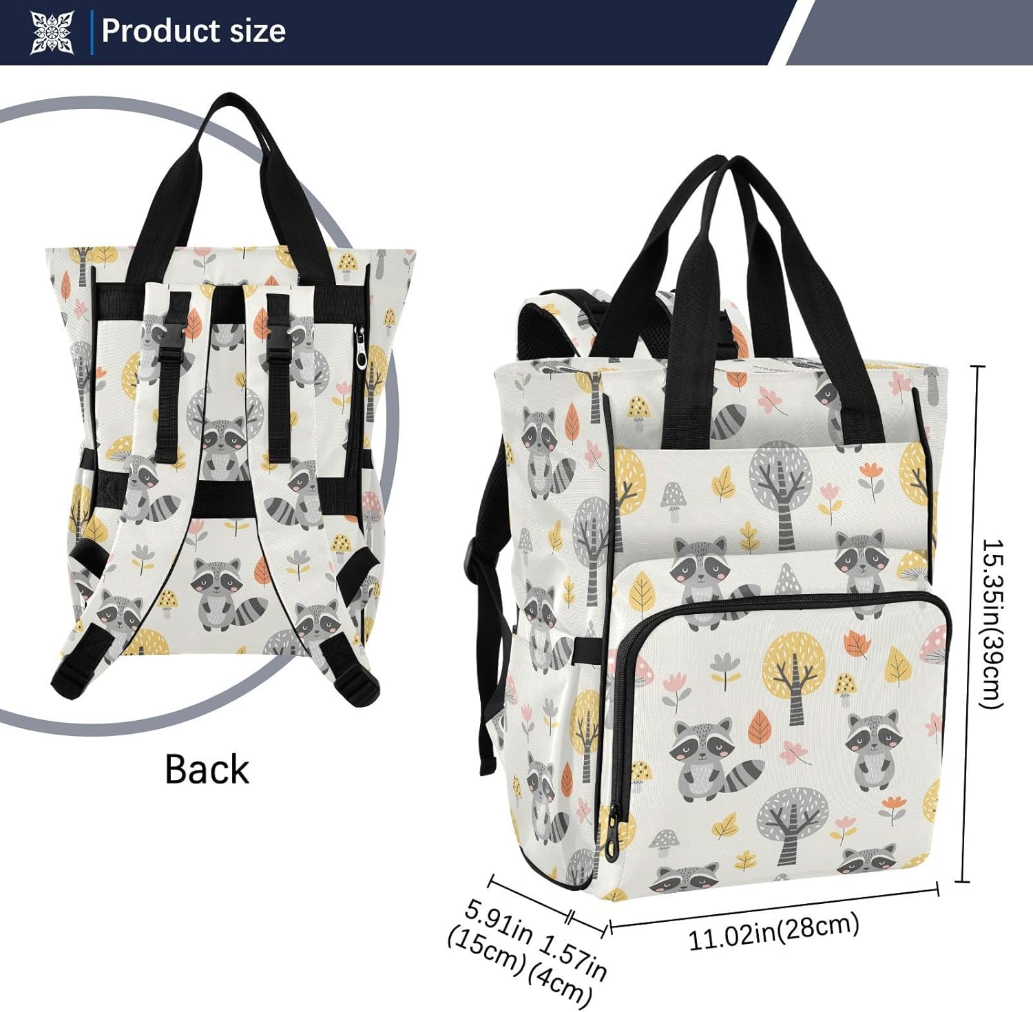 Raccoon Tree Mushroom Print Diaper Bag Backpack for Baby Boys Girls Multifunction Baby Essentials Travel Tote with Stroller Straps & Bottle Storage Nappy Changing Bag for Dads Moms Baby Shower