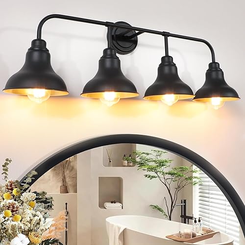 BD017-4-BK BD017-4-BK - Lámpara de tocador grande de 34.25 pulgadas, 4 luces de tocador sobre el espejo, accesorios de iluminación de baño negros