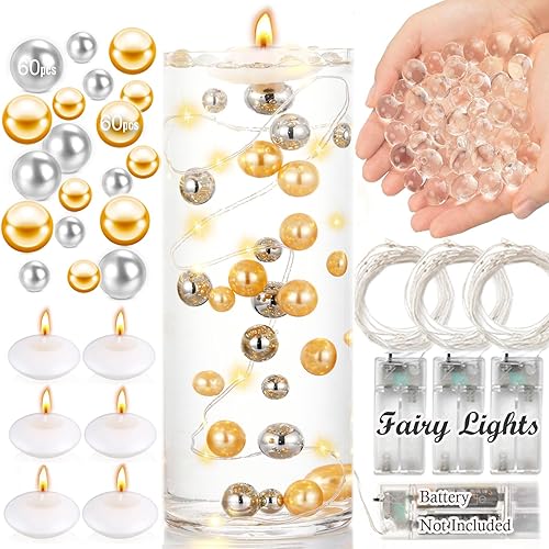 Juego de rellenos de jarrón con 40000 cuentas de gel de agua transparente, 120 cuentas de perlas flotantes, 6 velas flotantes, 4 luces LED para
