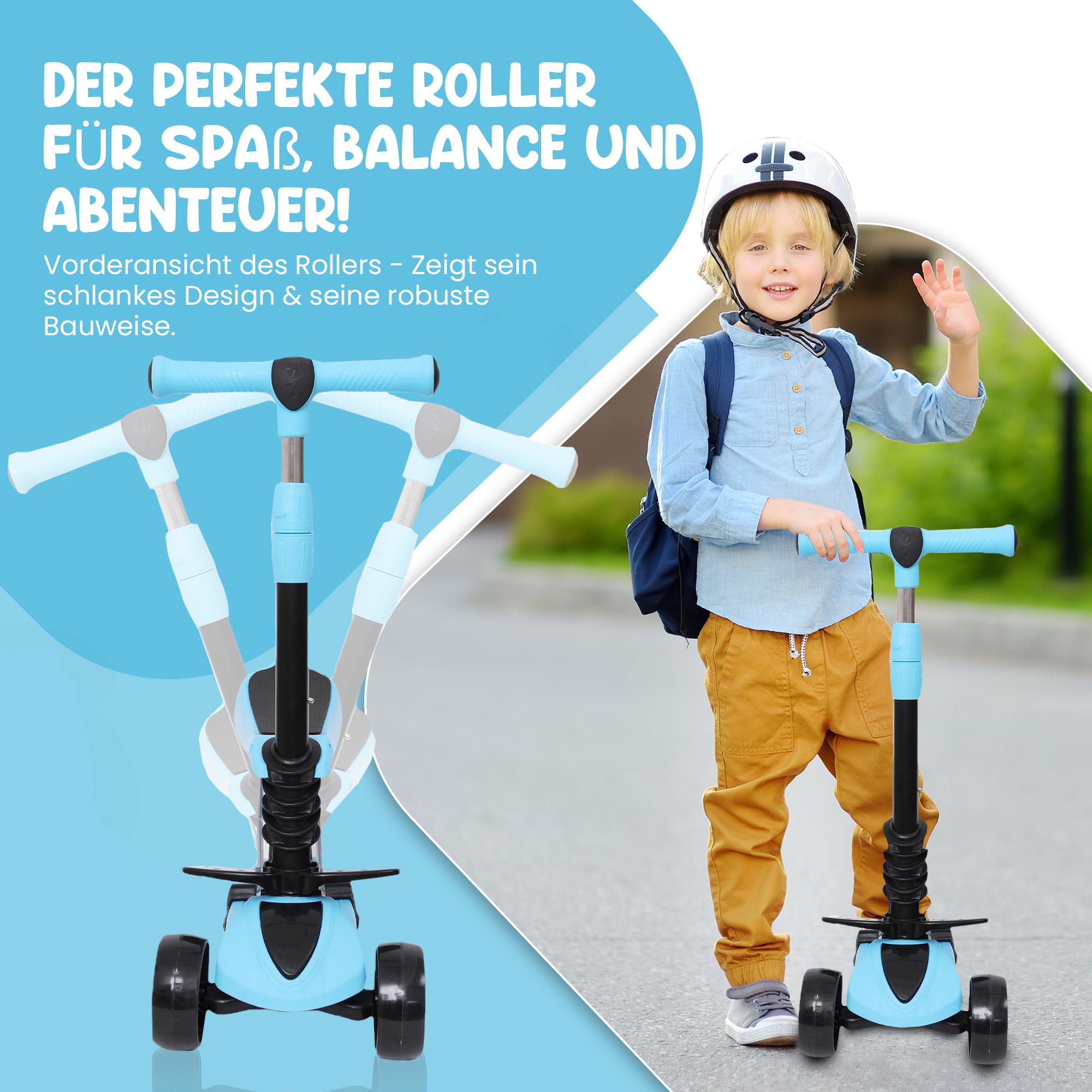 Habib 3-in-1 Kinderroller mit Sitz - Dreirad Tretroller, Faltbar, Höhenverstellbar, LED Räder, Kinderroller ab 3 Jahren (Bis 50kg)