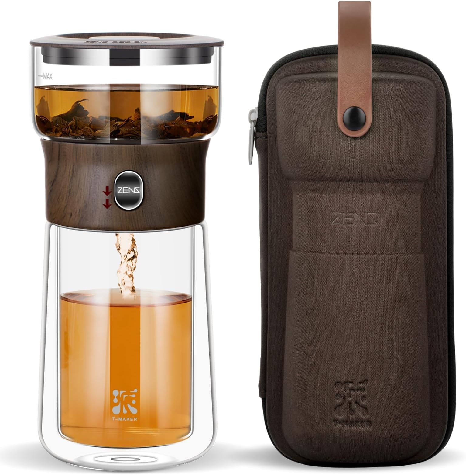 ZENS Modern Glass Infuser Teapot, One Touch Tea Maker for Loose Leaf Tea with Insulated Mug and Portable Case. Enchanted Pot Alternatives for Tea Lover Gifts