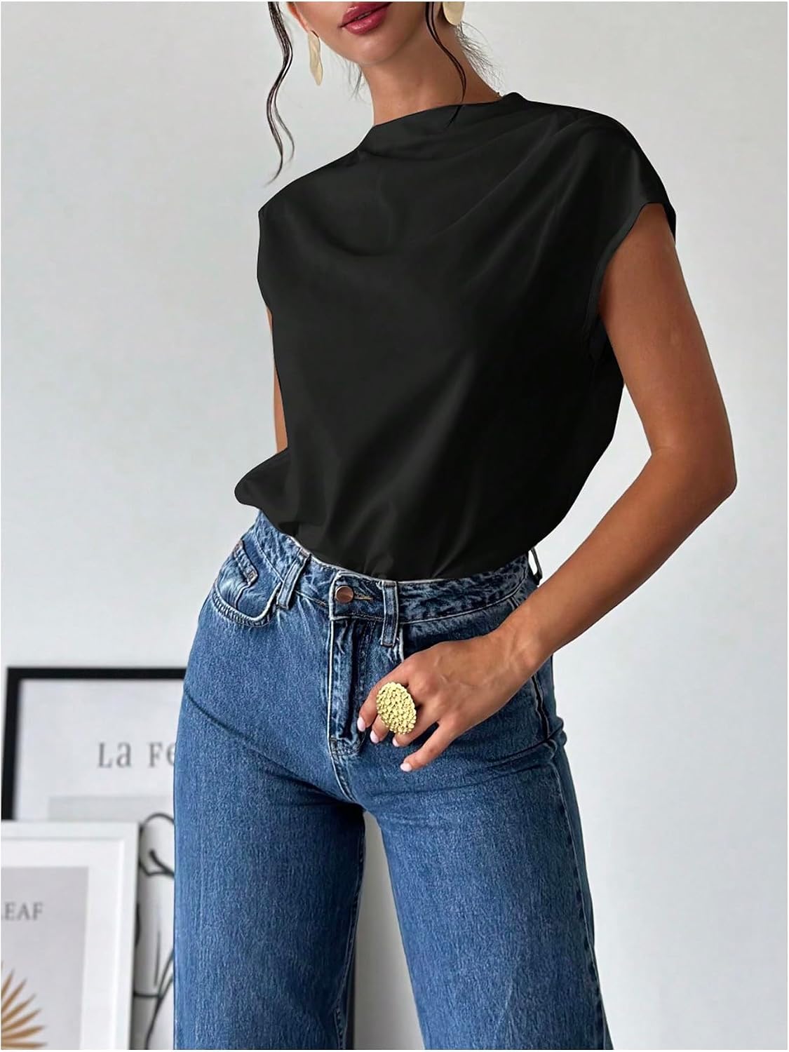 MakeMeChic Women's Draped Neck Tops Cap Sleeve Mock Neck Keyhole Work Shirt Summer Blouse