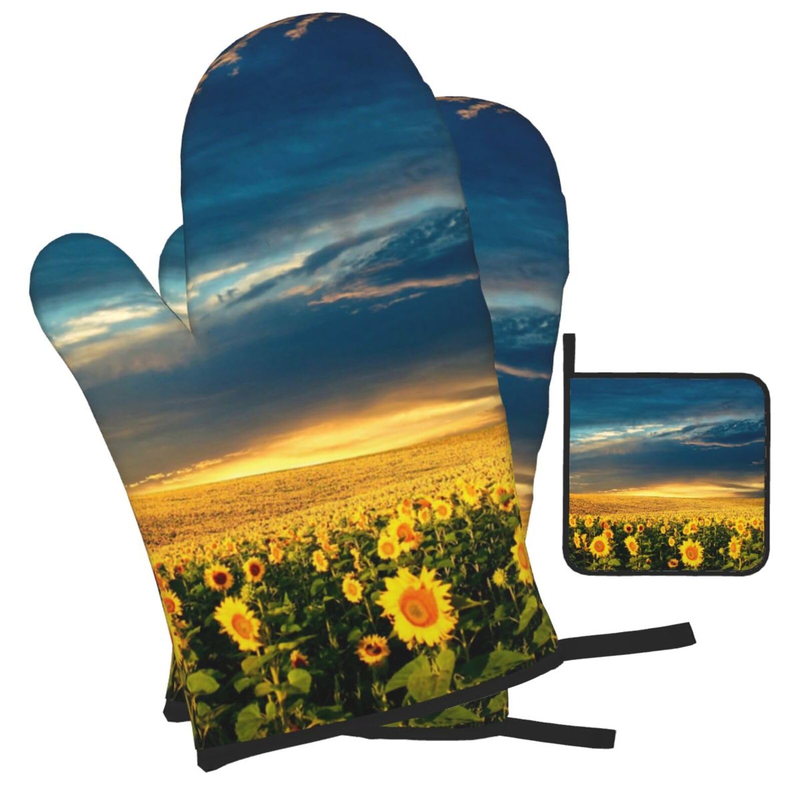 Sunflower Field Printed Oven Mitts and Pot Holders Heat Resistant Set of 3 Pcs, Modern Kitchen Gloves & Potholders for Cooking Baking Grilling