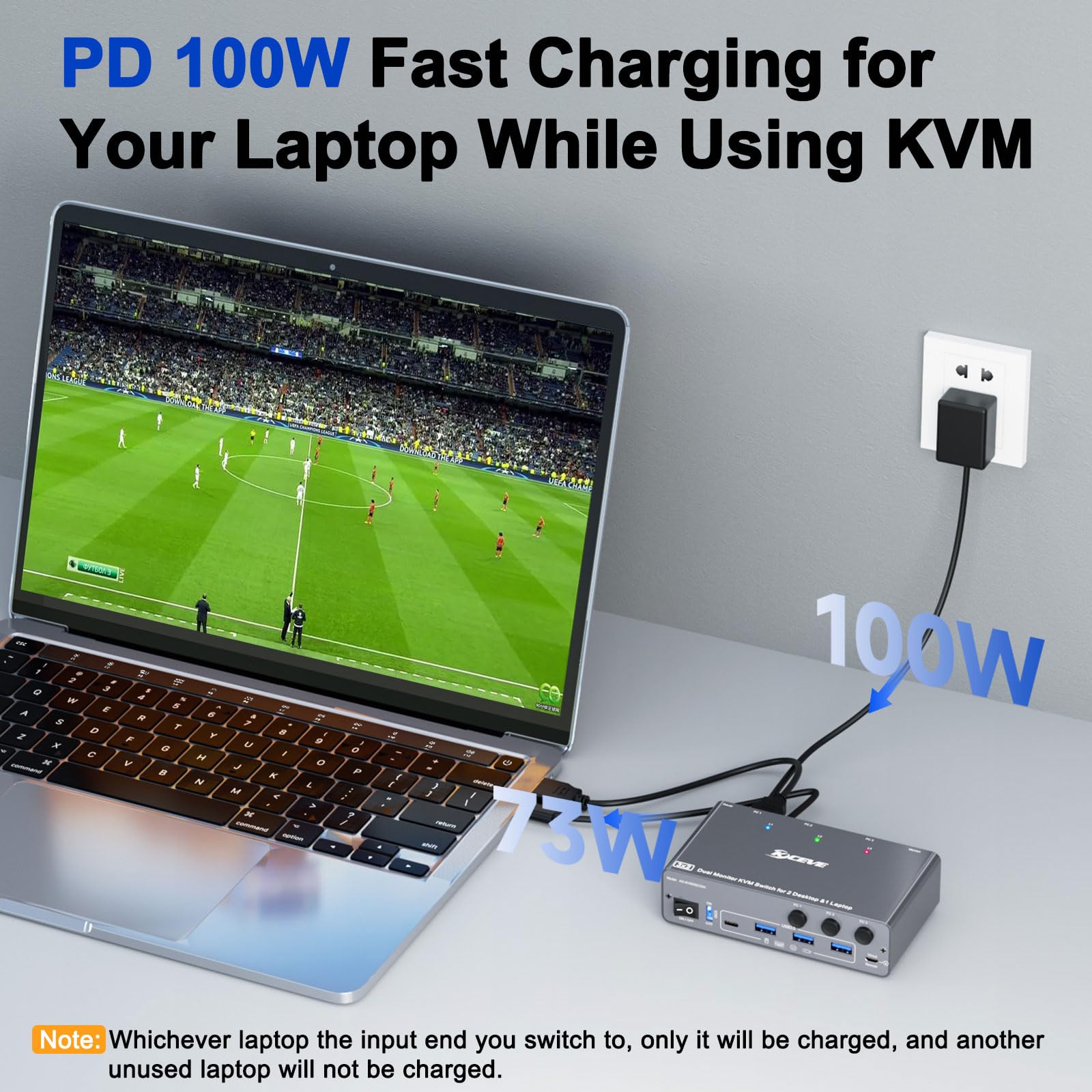 KVM Switch 3 PC 2 Moniteurs USB C HDMI DP, EDID, KVM Switch 2 Moniteurs pour 1 Laptop et 2 PC, 73W PD, USB 3.0, 4K@60Hz, Aluminum, Wired Remote(4K USB-C DP HD 3 in 2 out KVM)