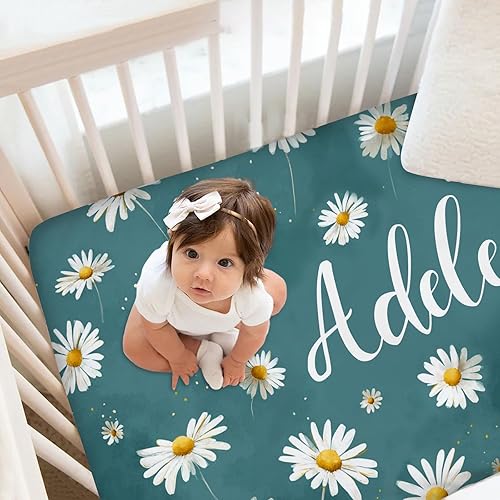 Miniatura 2 de Sábanas personalizadas para cuna de bebé con nombre, sábanas ajustables personalizadas para cuna de margaritas para bebés, niñas y niños, sábana