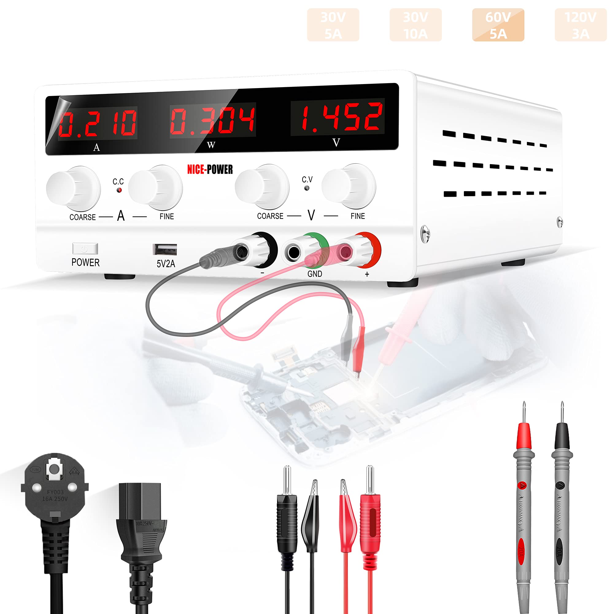 NICE-POWER Adjustable DC Power Supply: 60V 5A Variable Switching Regulated High Precision 4-Digits L
