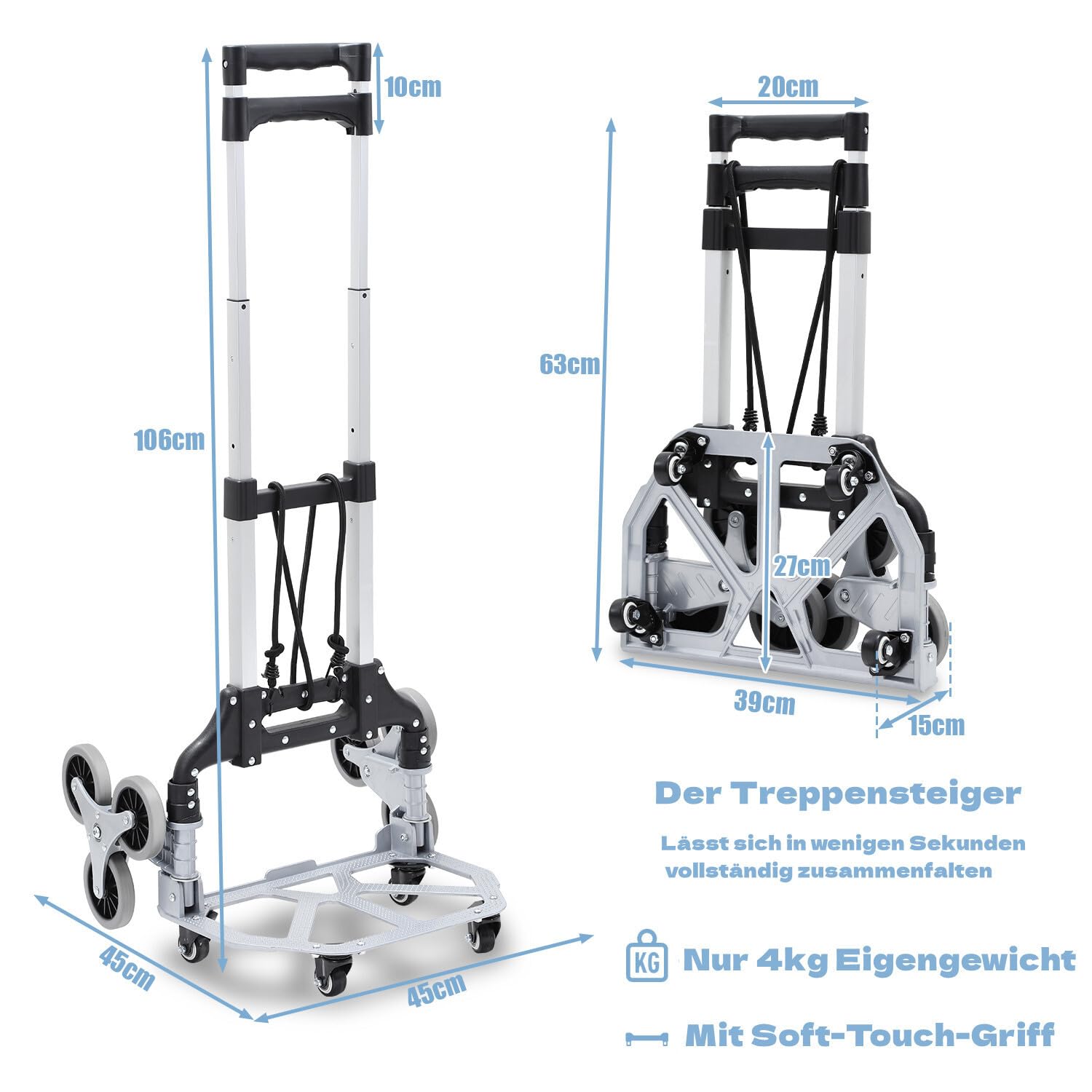 Carrellino pieghevole per scale con ruote a stella, manico regolabile in altezza, superficie di carico antiscivolo, 4 ruote girevoli, carrello in alluminio
