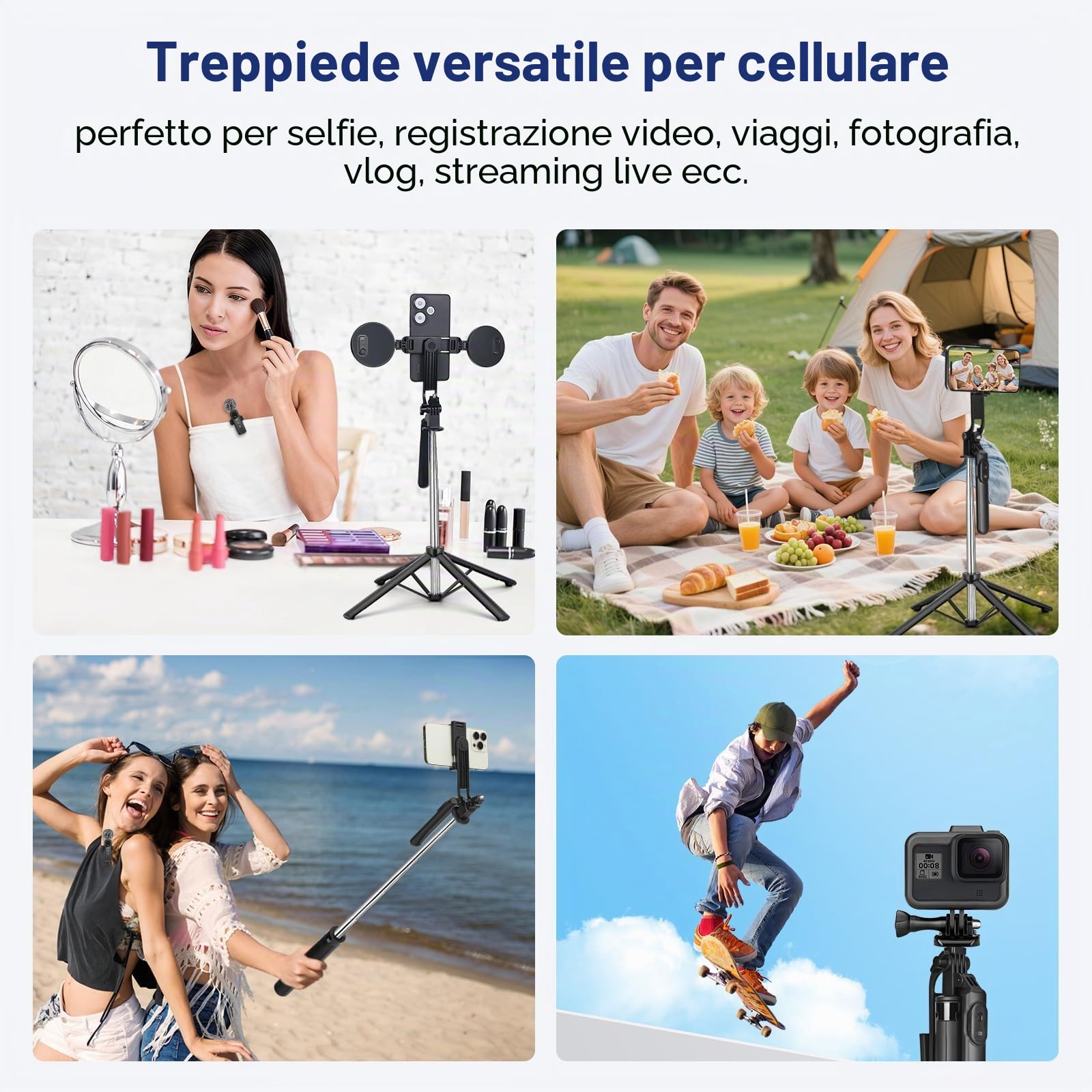 Treppiede per cellulare Vlogging-Kit per iPhone/Android, selfie stick da 180 cm con 2 luci di riempimento e microfono senza fili, treppiede per smartphone, kit di partenza per Tiktok/YouTube