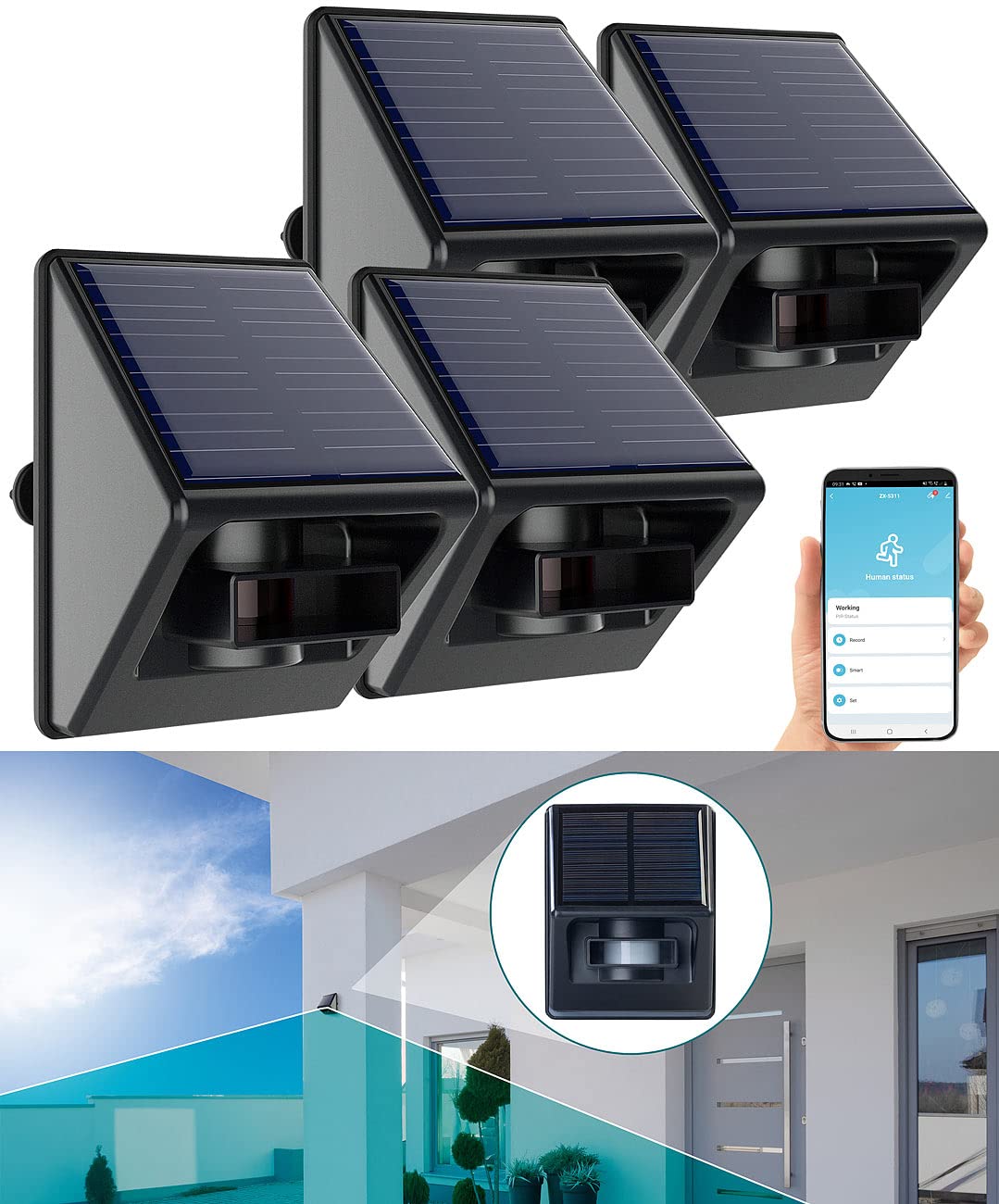 Luminea Home Control Solar Bewegunsmelder: 4er-Set Outdoor-PIR-Sensoren, Solarpanel, App, IP55, ZigBee-kompatibel (Outdoor ZigBee Motion Sensoren, WLAN-Bewegungsmelder Akku)