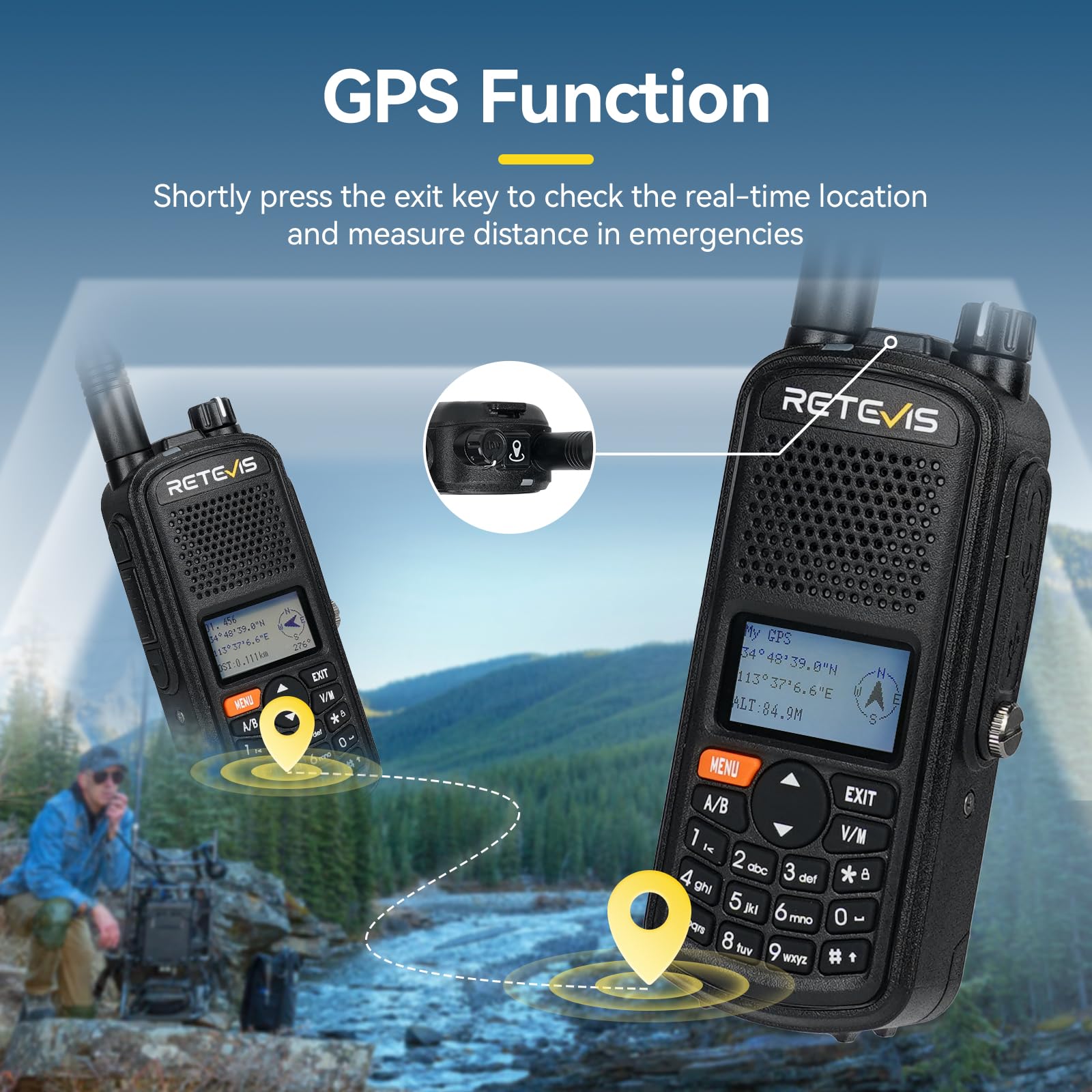 Retevis A61 Radios Amateurs, Radio Double Bande, Talkies Walkies Etanches IP67, Bande 2 m/70 cm/FM/AM, Batterie 2200 mAh, Sub PTT, Radios Bidirectionnelles de Chargement USB-C (2 Pièces)